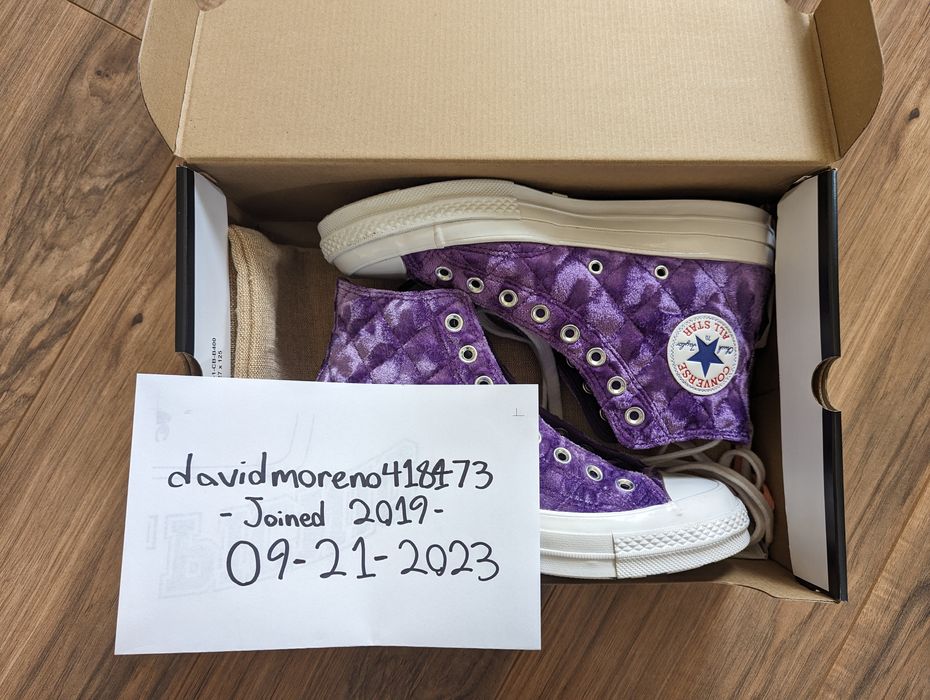 Purple velvet high hot sale top converse