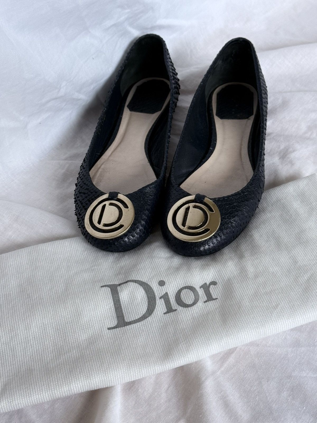 Dior Snakeskin Pattern Leather Navy LOGO CD ballet flats