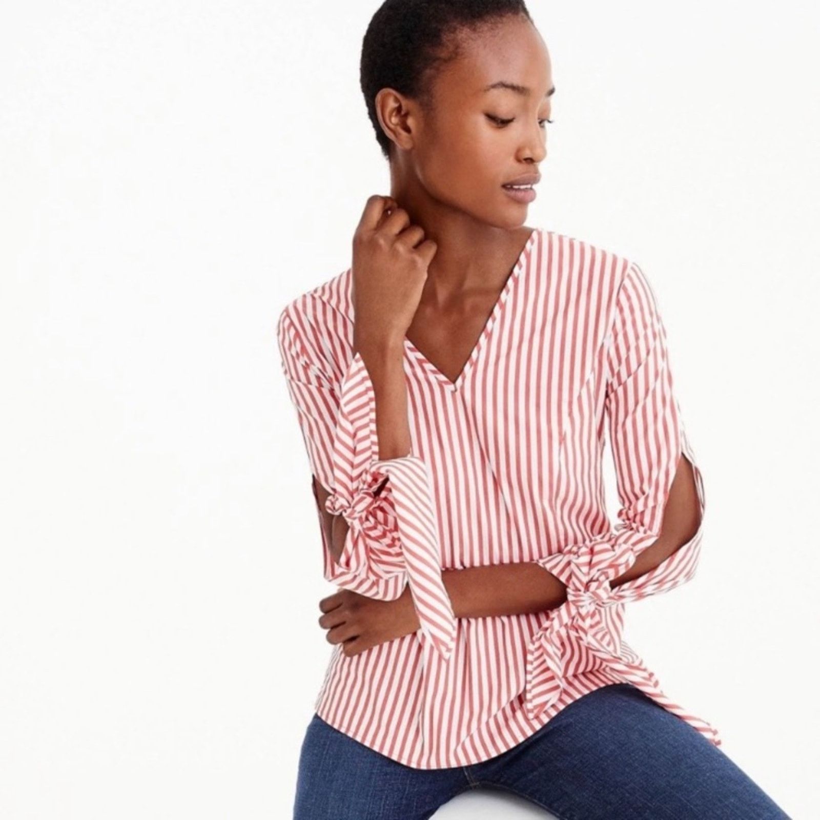 J.Crew Universal Standard J. Crew Red White Striped Poplin Tie Top Size S / US 4 / IT 40 - 2 Thumbnail
