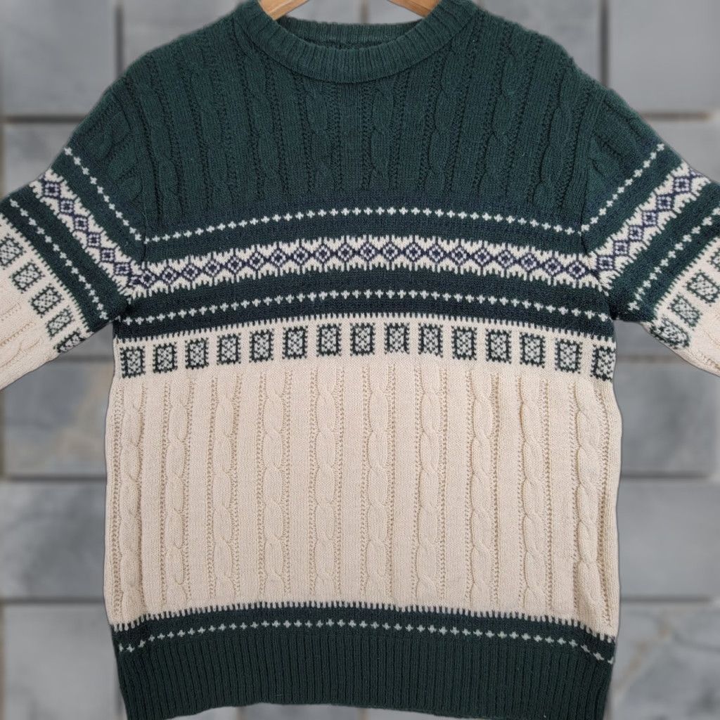 Vintage VINTAGE Beige Geometric Ivory Green Pullover Sweater Mens Medium 1980s Acrylic Size US M / EU 48-50 / 2 - 1 Thumbnail