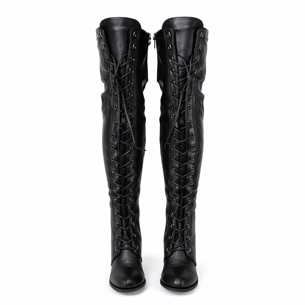 Other Ren Black Vegan Leather Lace Up Western OTK Boots 3.25" Heel Size US 6.5 / IT 36.5 - 3 Thumbnail