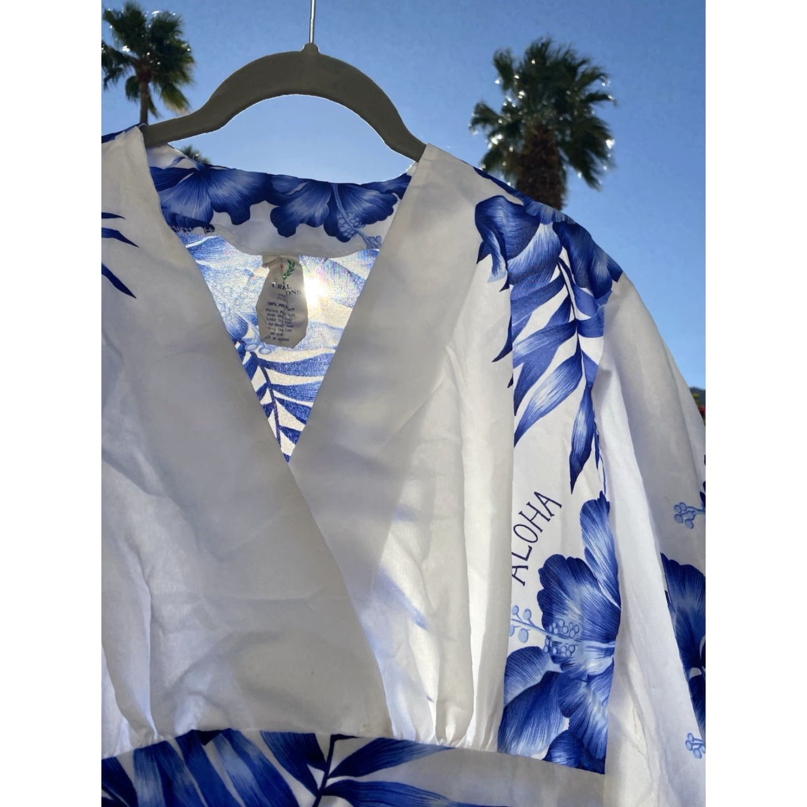 Vintage VINTAGE White Kaftan Shirt Women One Size White Blue Aloha Hawaiian Floral Tiki Casual Dress Size ONE SIZE - 7 Thumbnail