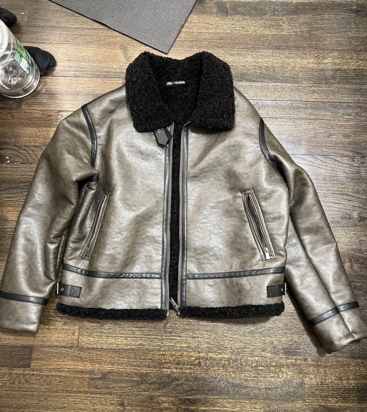 Zara Dark green leather sherling jacket Size US XL / EU 56 / 4 - 2 Thumbnail