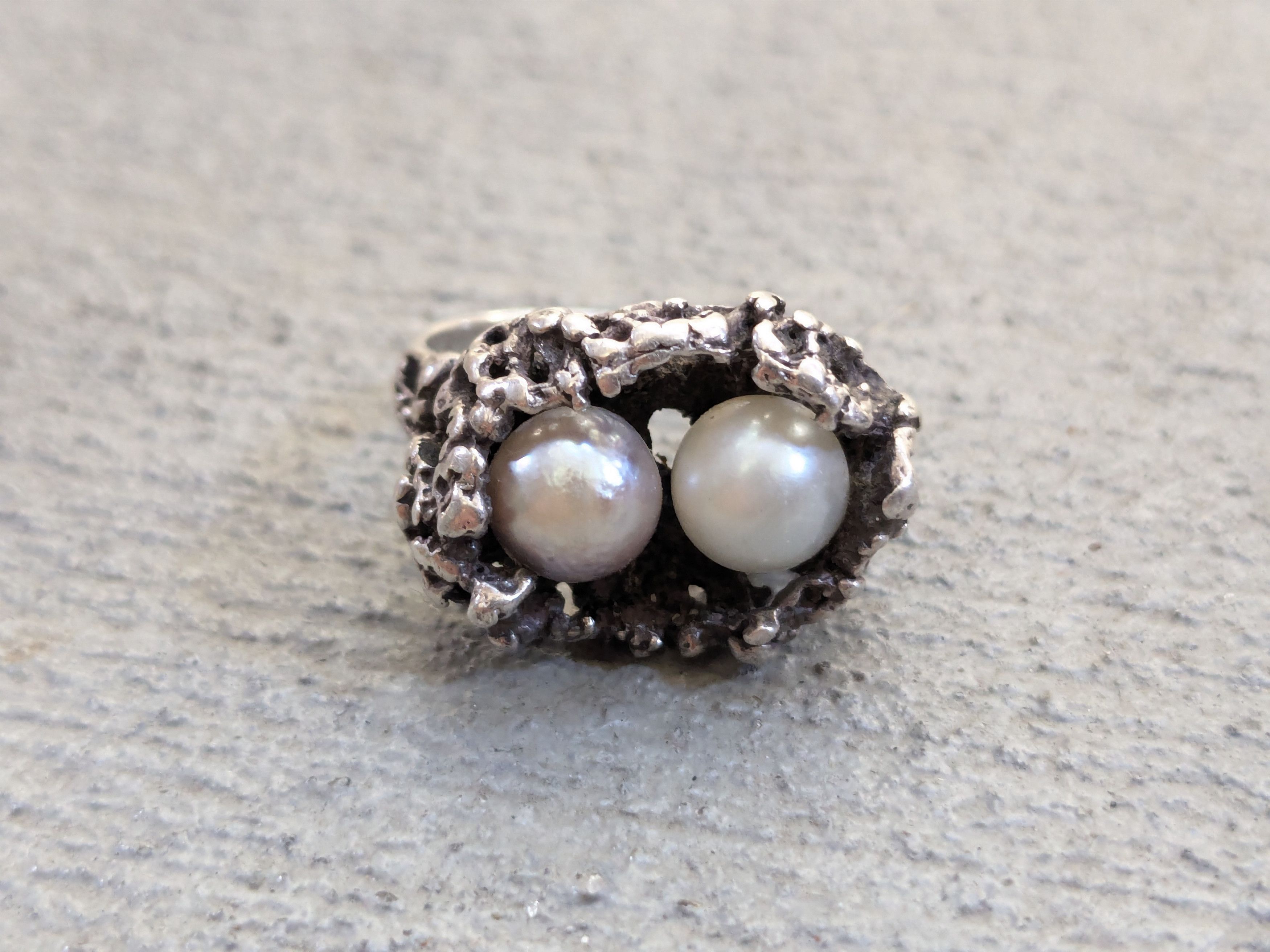 Other Vintage Sterling Silver Ring Pearl Brutalist Modern Abstract Size ONE SIZE - 3 Thumbnail