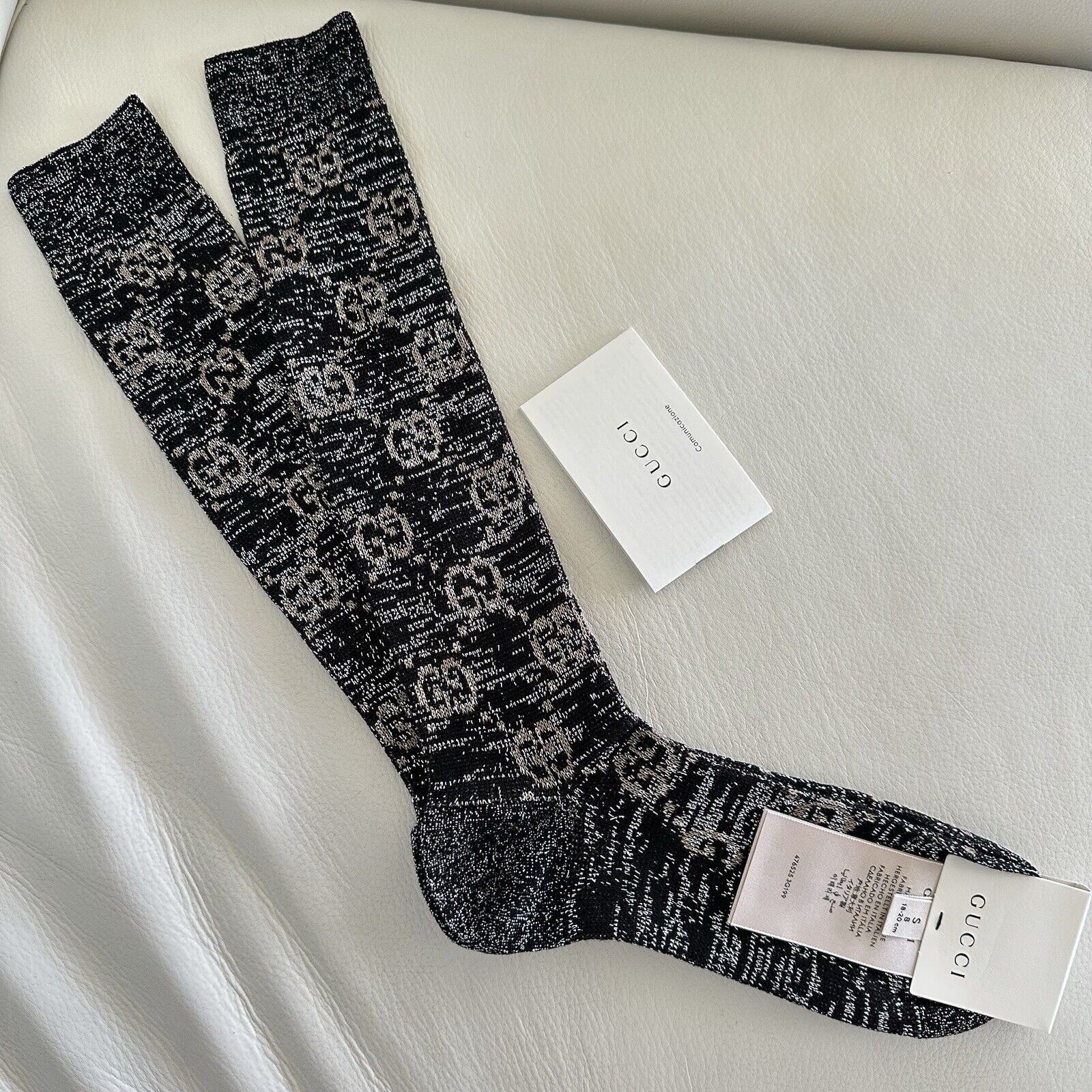 Gucci NEW GUCCI SOCKS LUREX BLACK SILVER GG PRINT LOGO Knee Sz S Size ONE SIZE - 2 Thumbnail