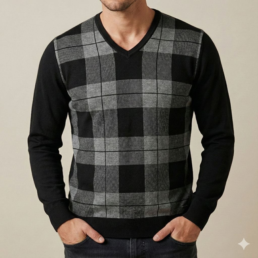 Bugatti Bugatti Mens V-Neck Sweater Size L Black Gray Plaid Size US L / EU 52-54 / 3 - 1 Thumbnail