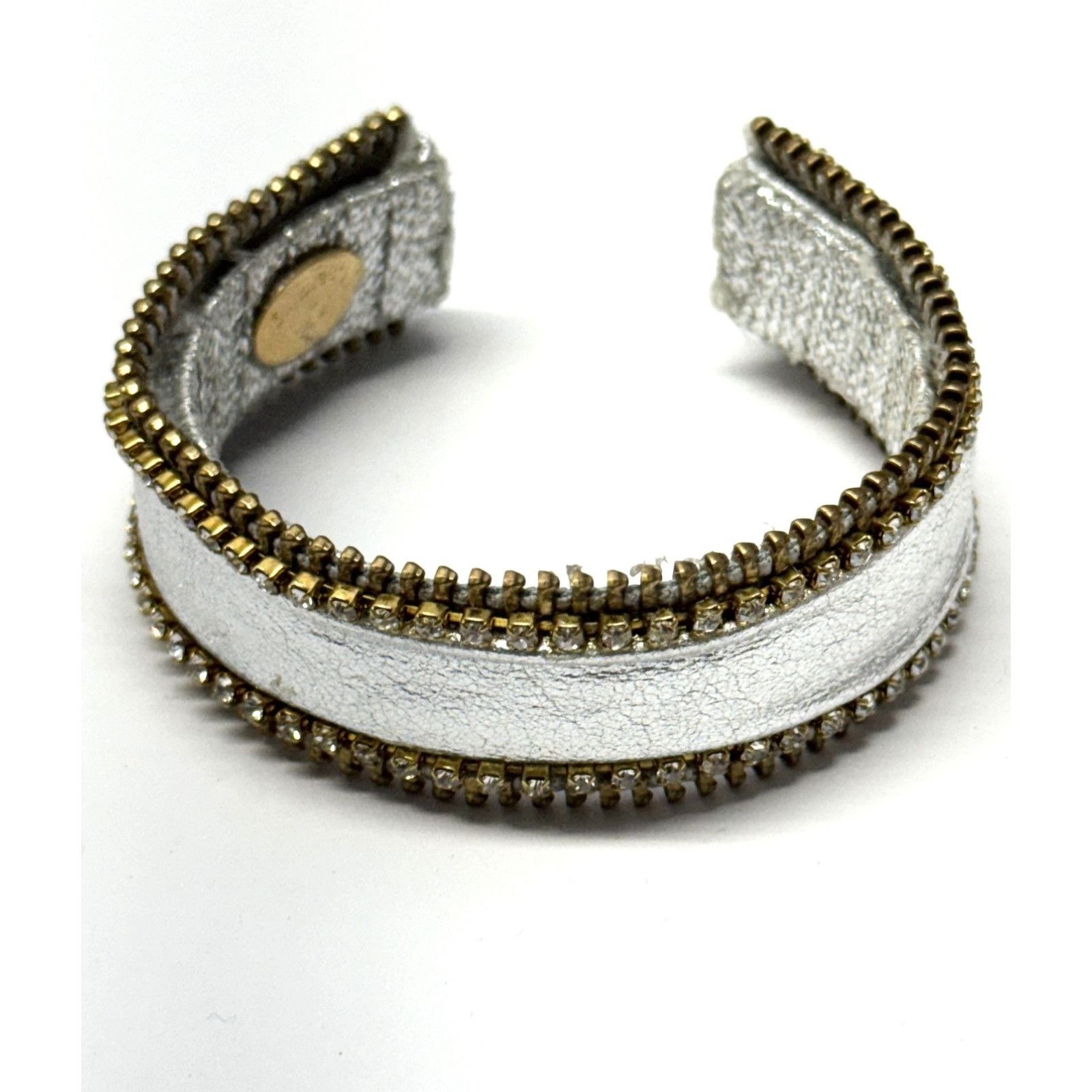 Vintage Vintage silver leather zipper rhinestone cuff bracelet Size ONE SIZE - 1 Thumbnail