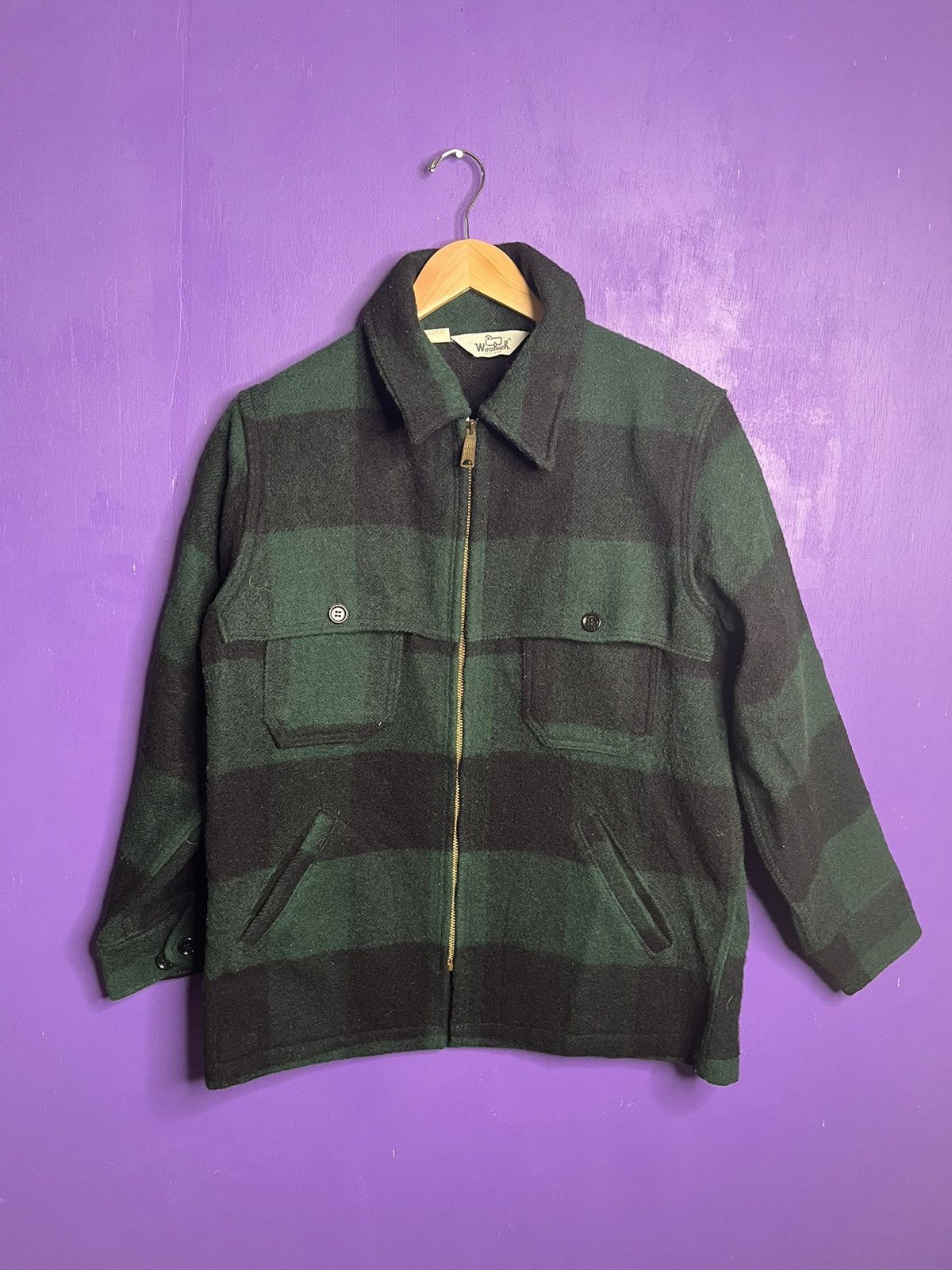 image of Made In USA x Vintage 80's Woolrich 4 Pocket Wool Plaid Jacket in Black/Green, Men's (Size Medium)