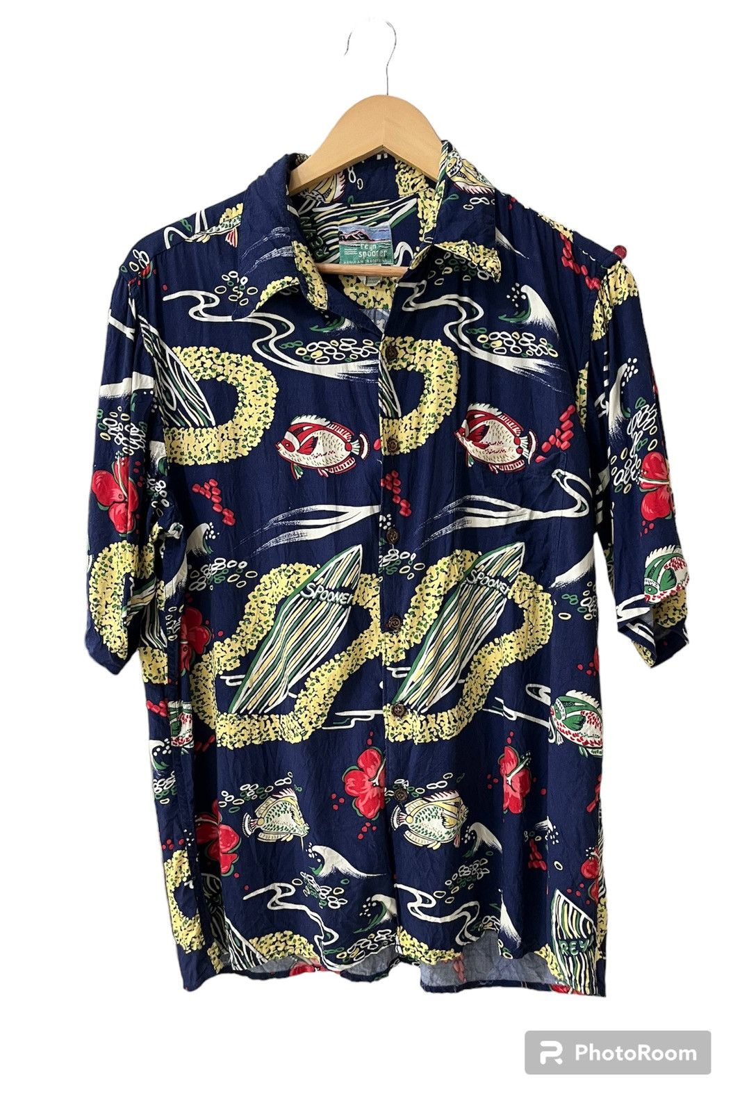 image of vintage 80's 90's Reyn Spooner Hawaiian Shirt Rayon in Navy, Men's (Size Medium)