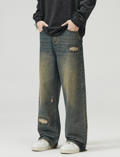 Japanese Brand × Jean Vintage distressed irregular hole embroidery baggy jeans Size US 32 / EU 48 - 1 Thumbnail