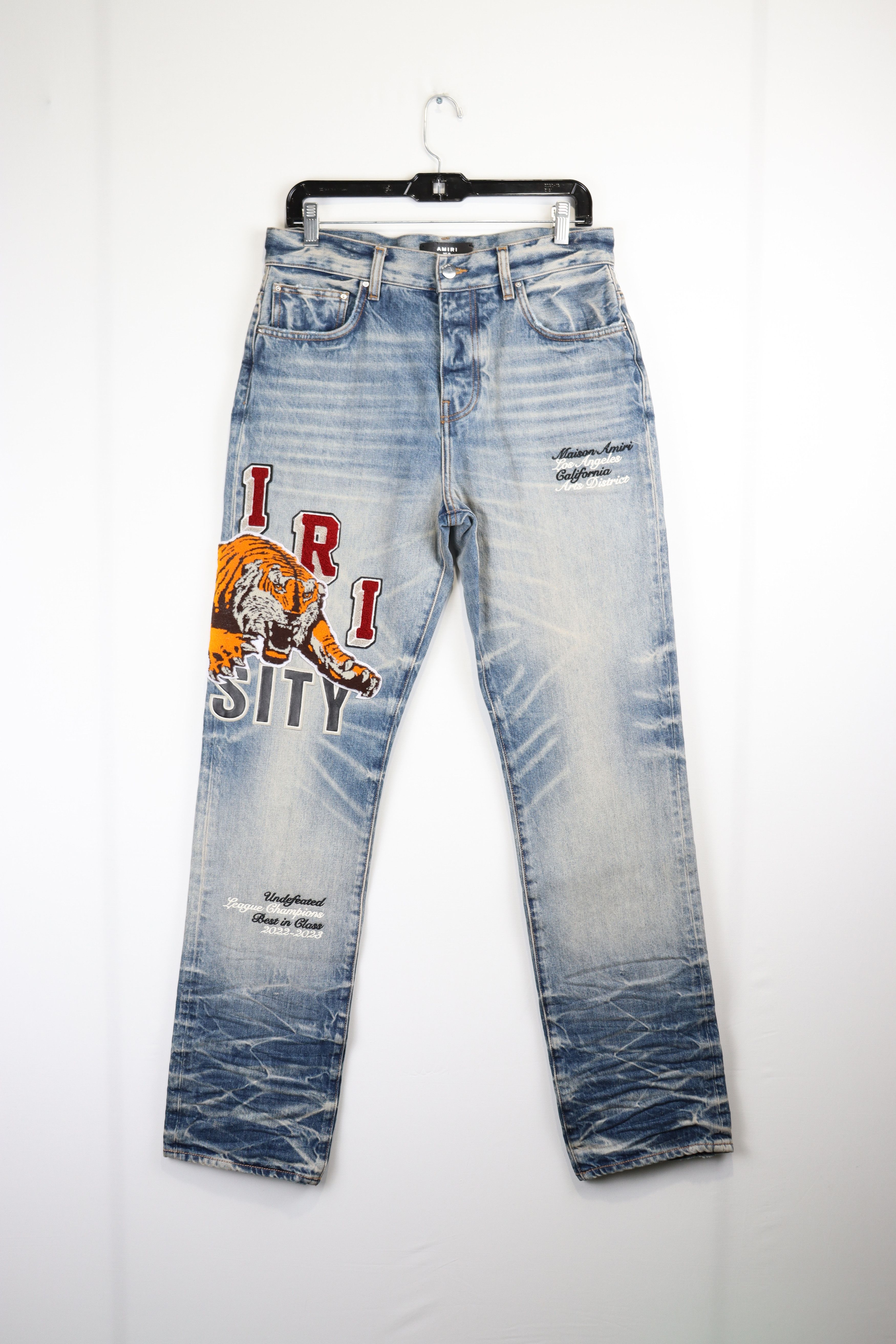 image of Amiri O1Rshd Varsity Tiger Straight Jeans In Vintage Indigo, Men's (Size 36)