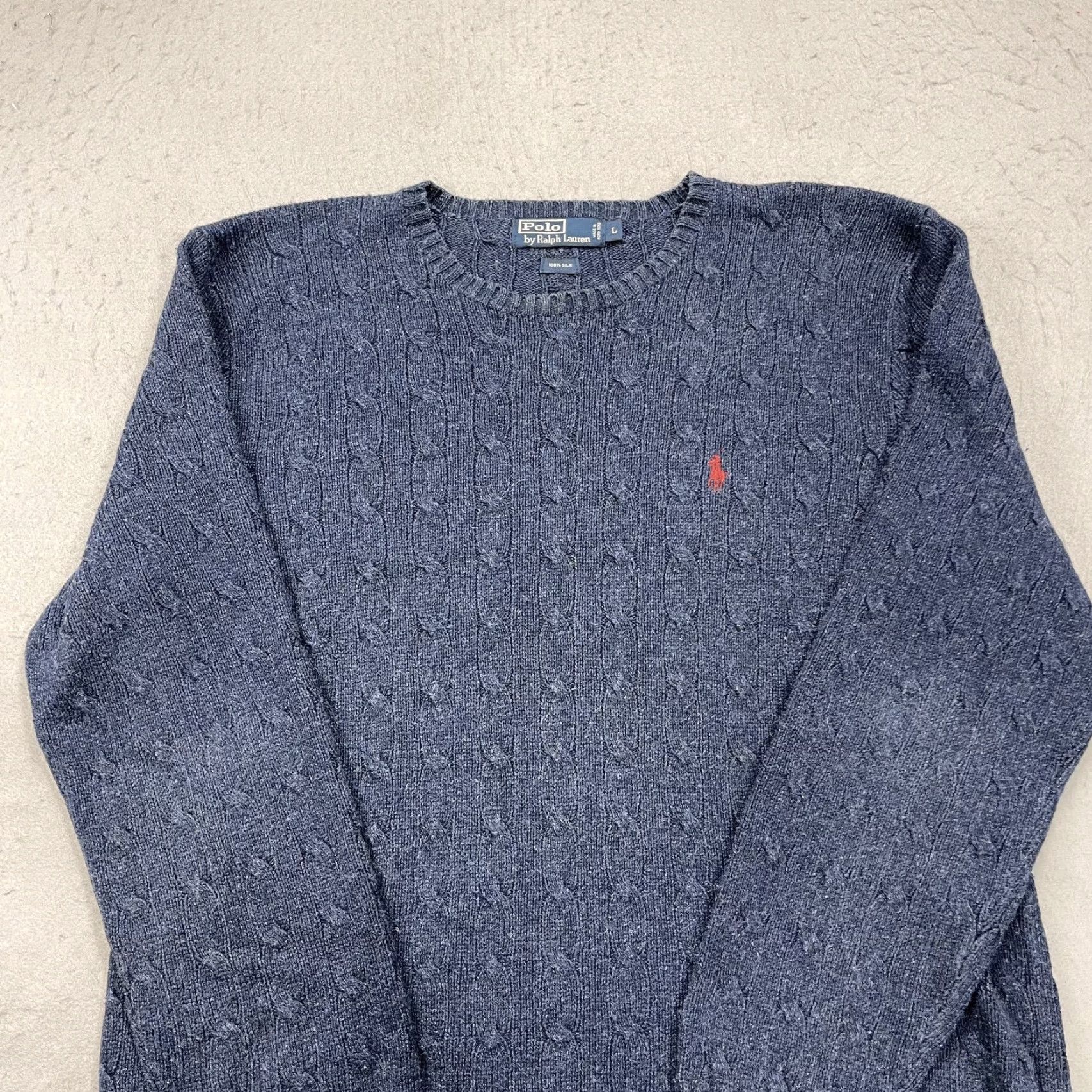 Polo Ralph Lauren VINTAGE Polo Ralph Lauren Sweater Mens L Blue Cable-Knit Crewneck 100% Silk Jumper Size US L / EU 52-54 / 3 - 3 Thumbnail