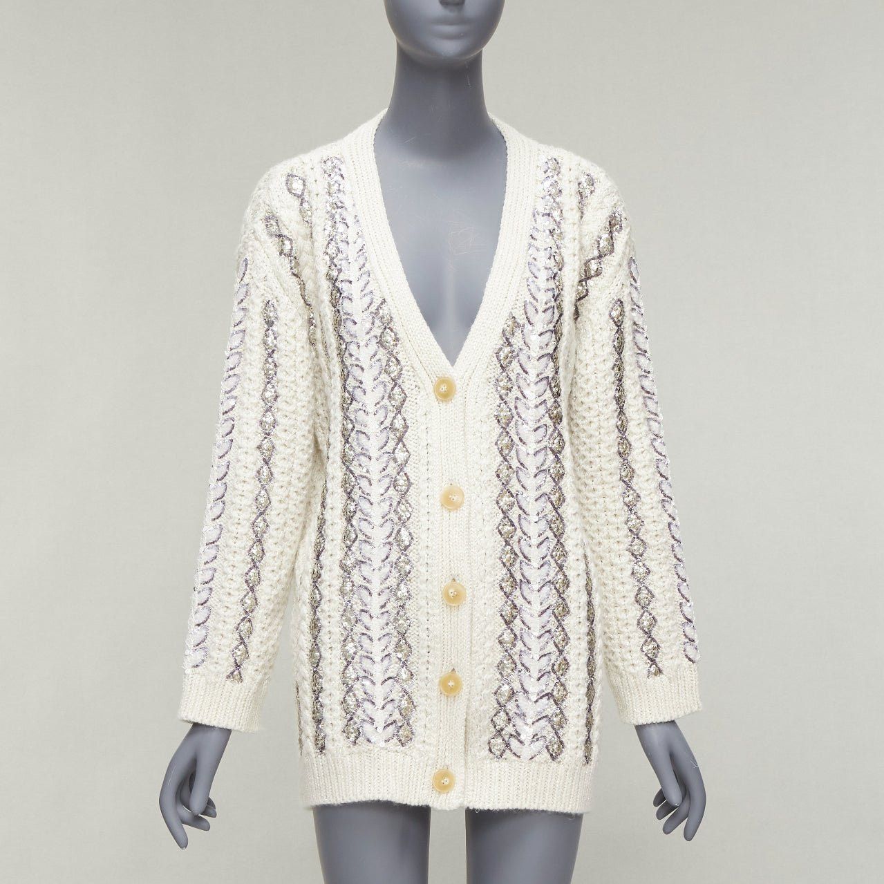 Valentino VALENTINO 2023 cream silver wool sequin logo embellished cardigan IT36 S Size XS / US 0-2 / IT 36-38 - 1 Thumbnail
