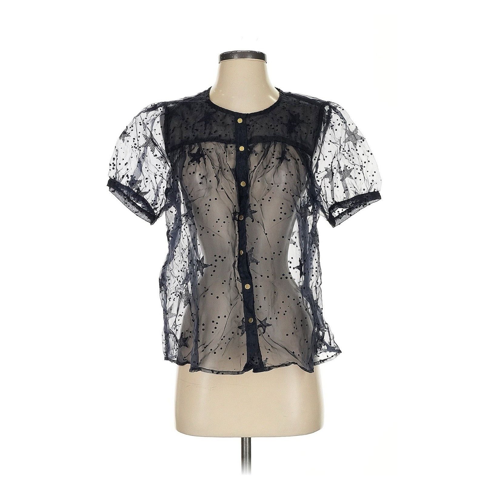 Anthropologie Let Me Be Sheer Navy Velvet Star Pattern Puff Sleeve Blouse Size S / US 4 / IT 40 - 2 Thumbnail