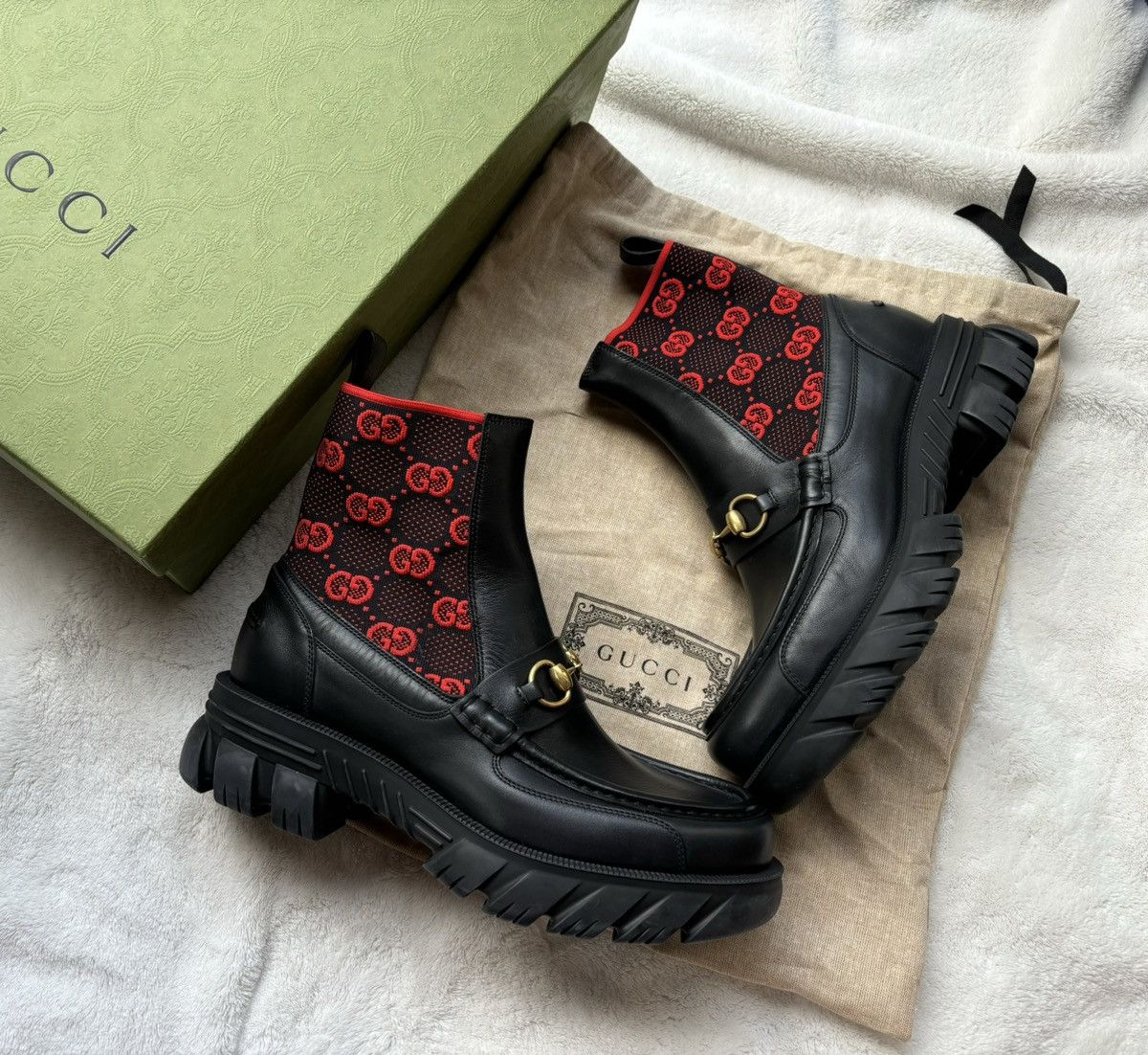 Gucci Gucci Black/Red Monogram GG Horsebit Chelsea Boots Size US 9.5 / EU 42-43 - 1 Thumbnail