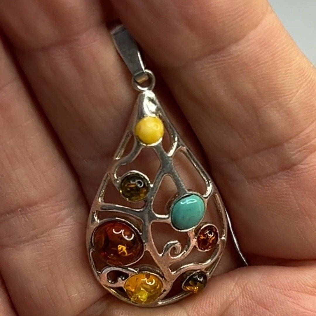 Other Teardrop Sterling Silver Pendant W/ Multi-Color Amber Stones Size ONE SIZE - 9 Thumbnail