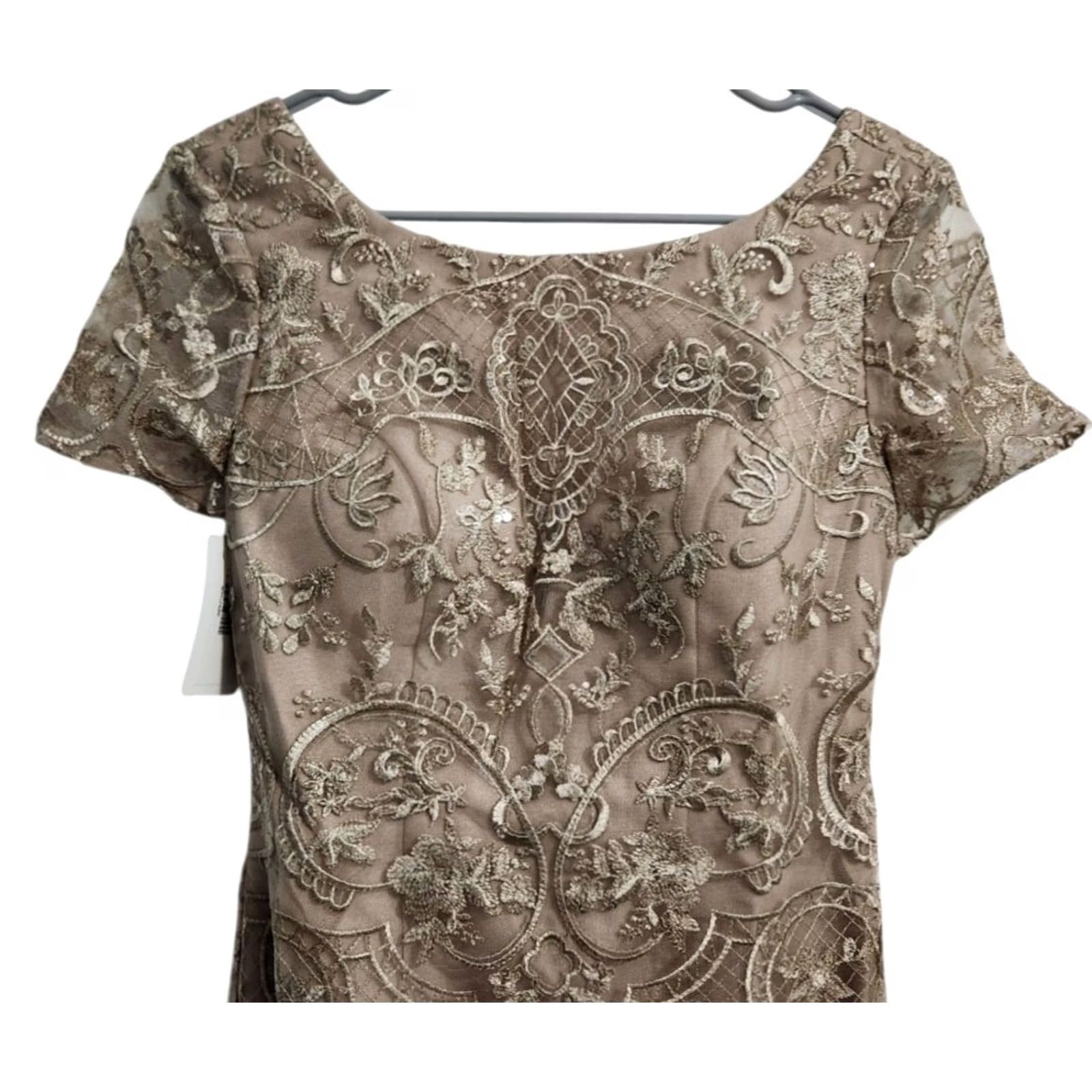 Vintage JJs House Womens 6 Floral Embroidered Midi Dress Short Sleeve Taupe Lace Dress Size 28" / US 6 / IT 42 - 3 Thumbnail