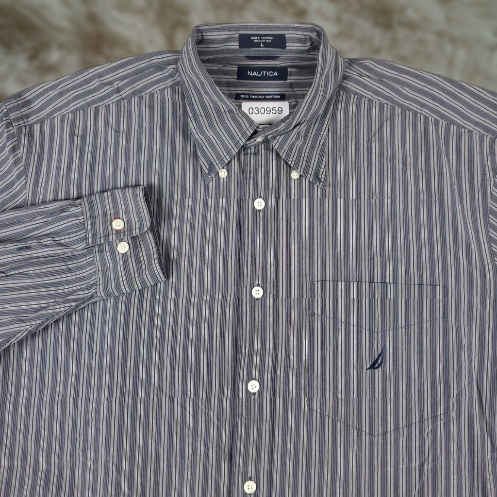Nautica Nautica Shirt Mens Large Gray Striped Button-Up Long Sleeve Casual Business Formal Wait? Size US L / EU 52-54 / 3 - 1 Thumbnail