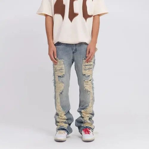 Jean Tomoko x Kazue Ripped frayed hole blue washed baggy jeans Size US 33 - 1 Thumbnail