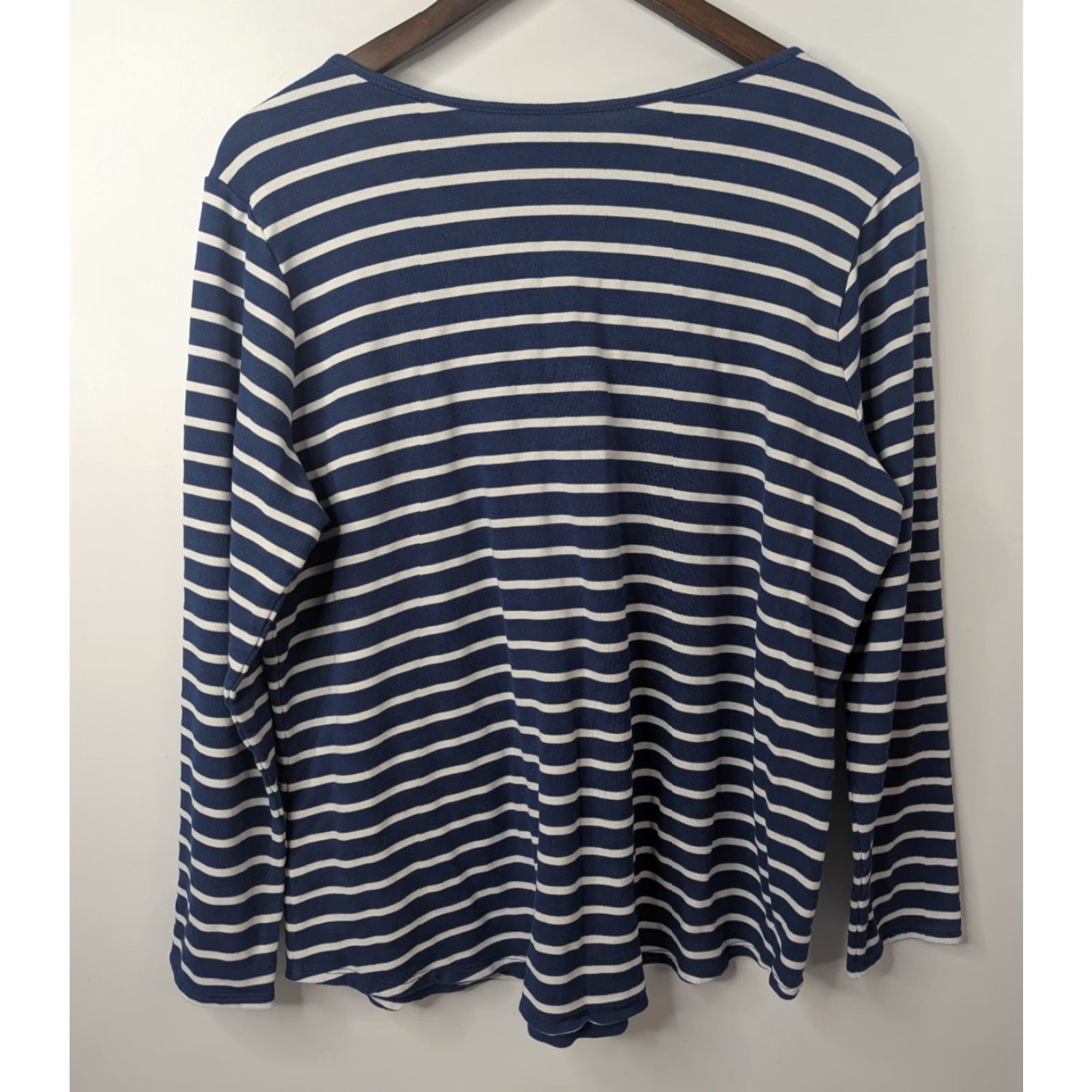 NYDJ NYDJ Shirt Women PXL Navy Striped Lace Up Long Sleeve V-Neck T-Shirt - Blue, Polyester Viscose Elastine Knit, Soft, Stretch, Unlined, Relaxed Fit Size XL / US 12-14 / IT 48-50 - 4 Thumbnail