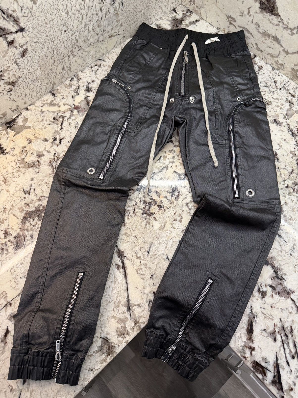 Rick Owens Rick Owens Bauhaus Black Wax Leather Cargo Zip Pants