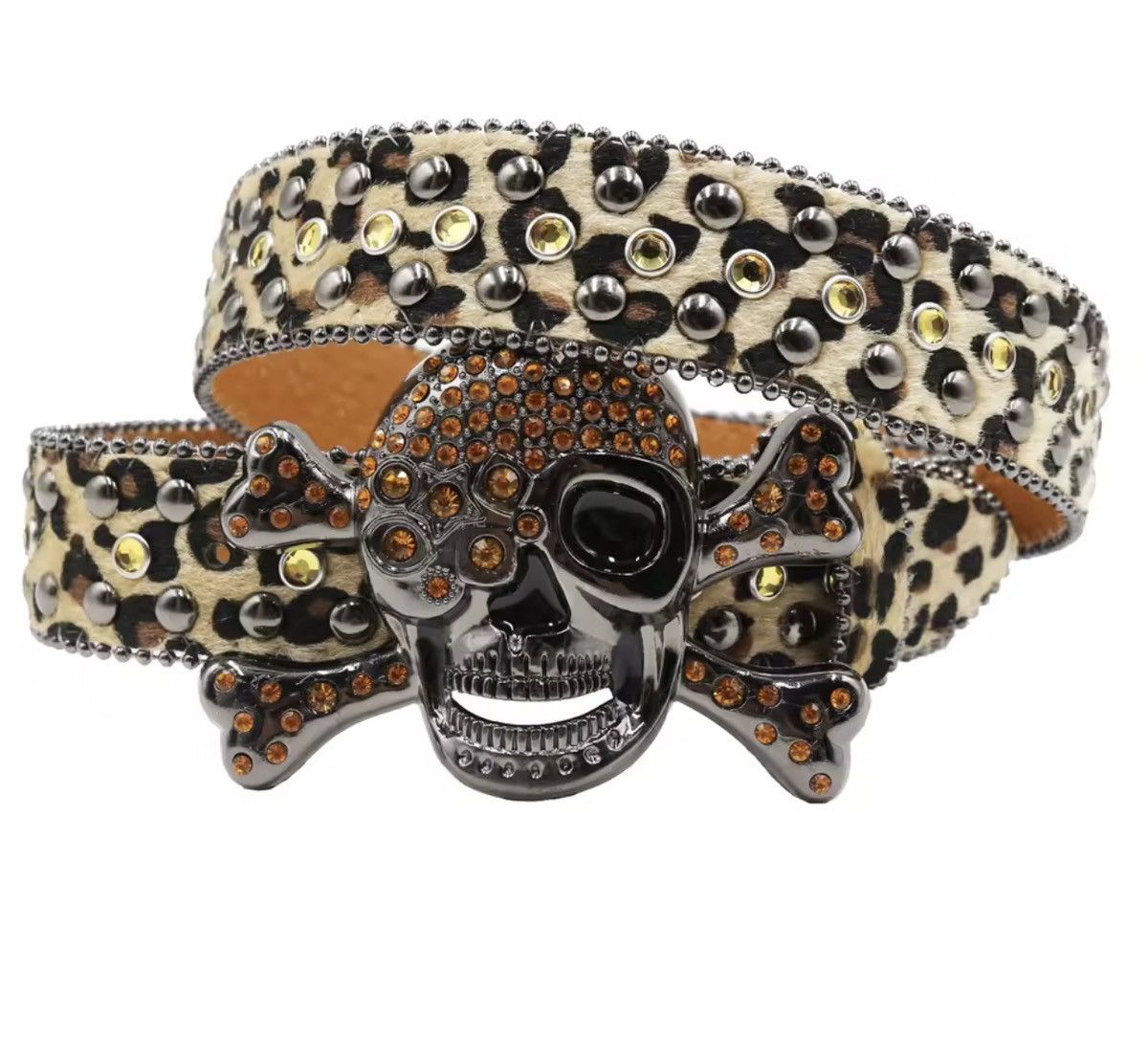 Japanese Brand Crystal Skull Crossbone Leopard PU Leather Belt 105 cm Size ONE SIZE - 3 Thumbnail