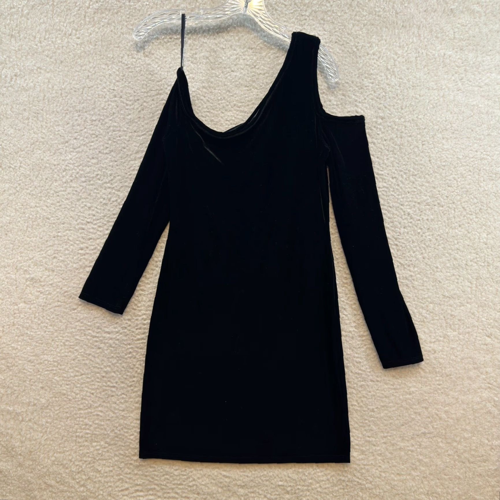 Velvet VINTAGE Y2K One Shoulder Mini Dress Black Velvet Asymmetrical Cocktail LBD Large | Bui Yah Kah | Goth Look | L Size L / US 10 / IT 46 - 2 Thumbnail