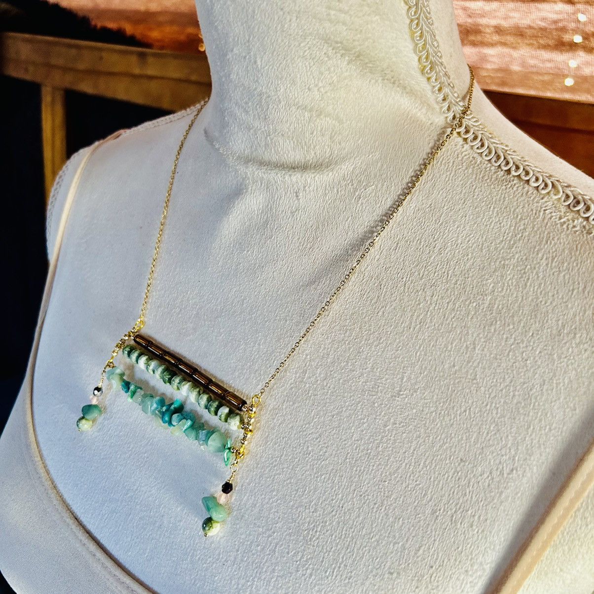 Handmade Handcrafted triple row bar green chalcedony stone necklace Size ONE SIZE - 3 Thumbnail