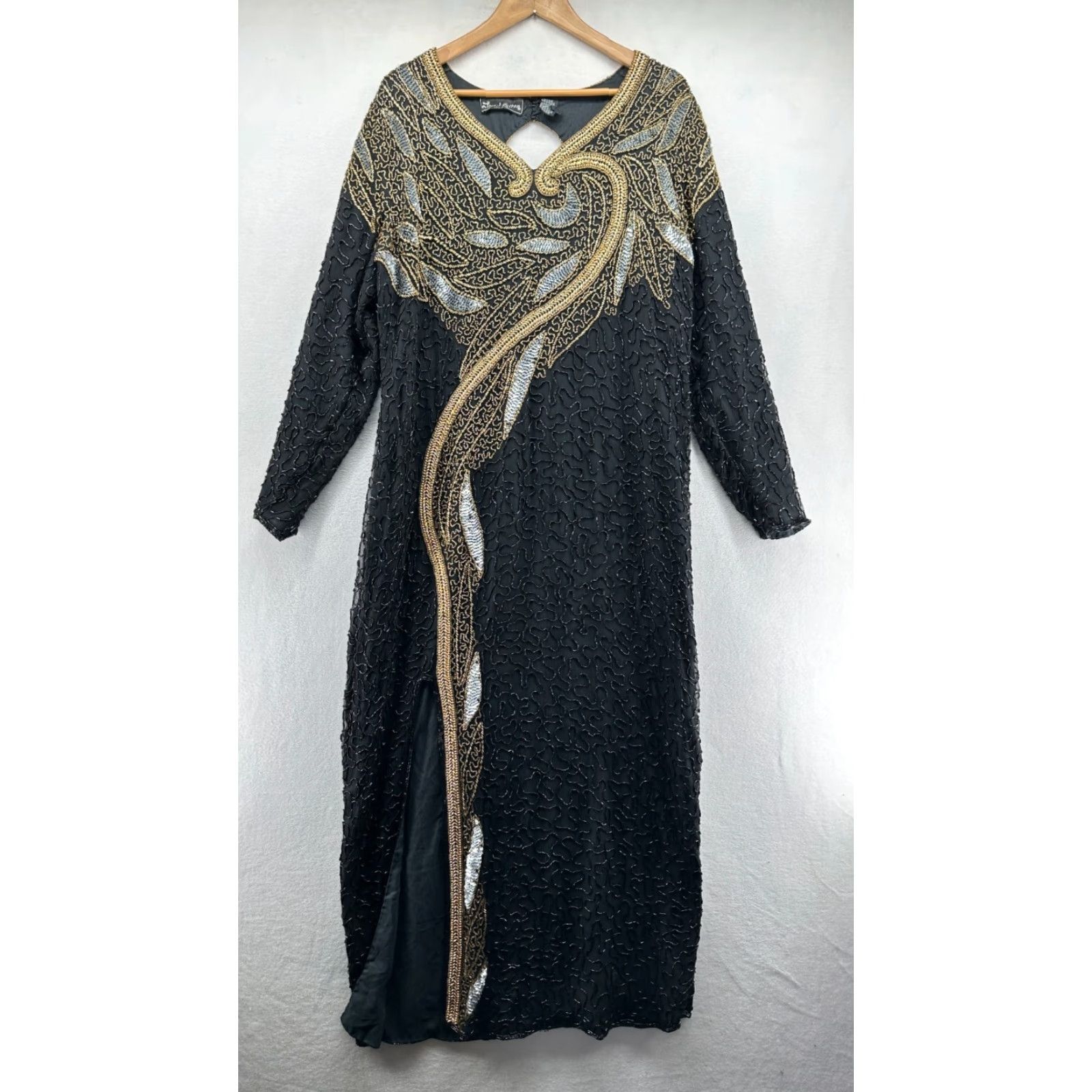 Vintage Jewel Queen Maxi Dress Black Women's Size 0 Silk Beaded Long Sleeve Evening Gown Size XS / US 0-2 / IT 36-38 - 3 Thumbnail