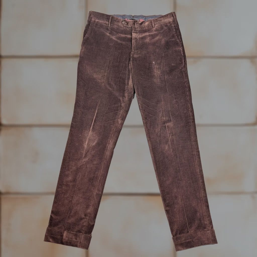 Vintage PT01 Corduroy Pants Mens 34 Regular Brown Flat Front Straight Leg Cuffed Pockets Zip Button Leather? No label Size US 34 / EU 50 - 1 Thumbnail
