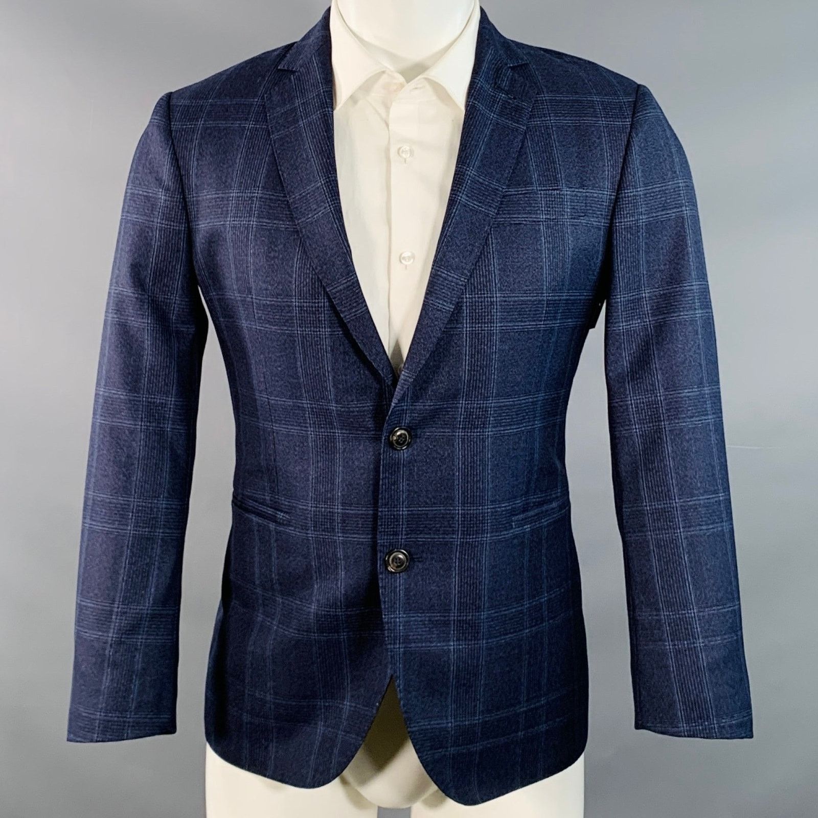 Brooklyn Tailors Size 38 Regular Blue Plaid Wool Notch Lapel Sport Coat Size 38R - 1 Thumbnail