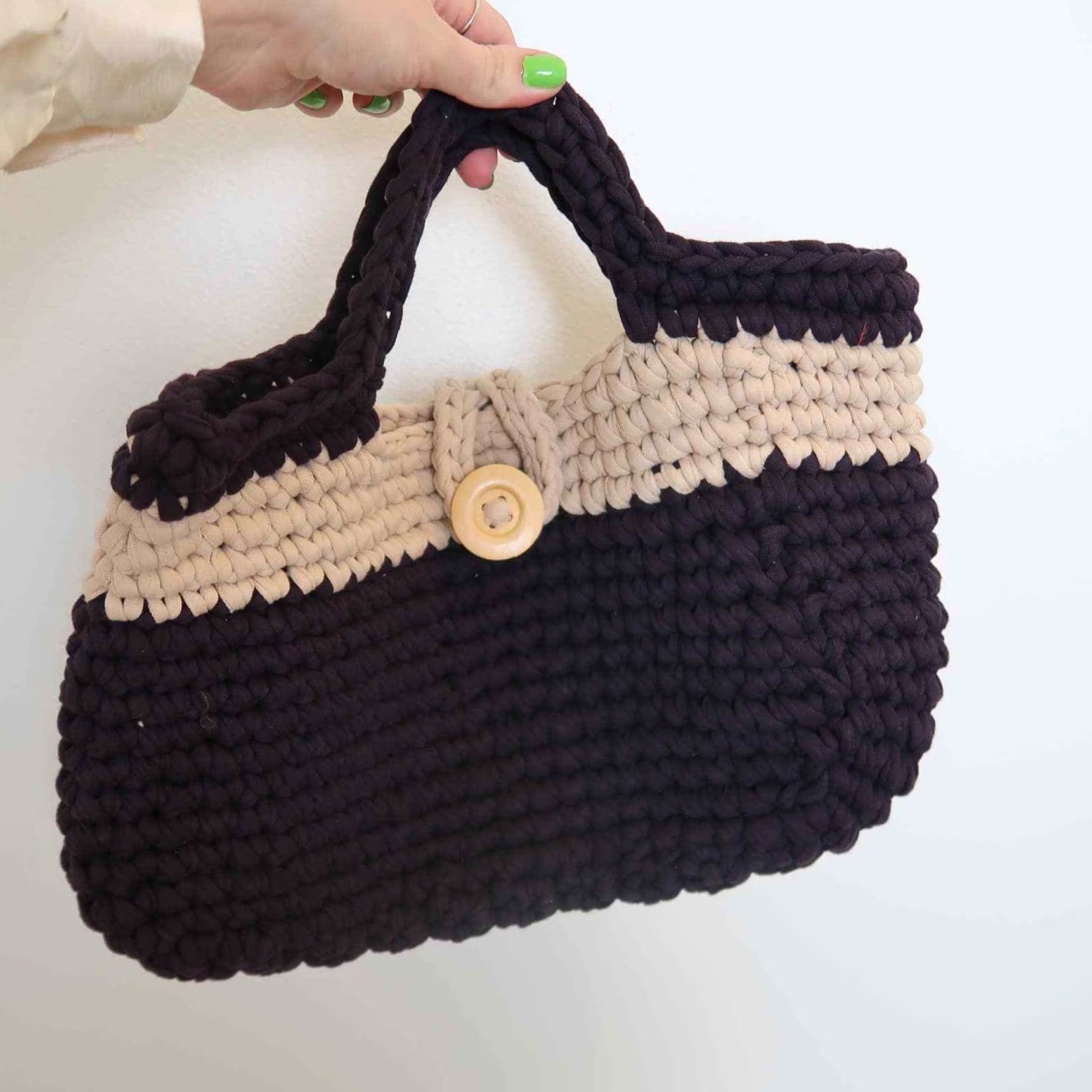 Vintage VINTAGE handcrafted navy blue cream woven knit purse satchel bag Medium Blue Bohemian cotton knit handbag Womens Size ONE SIZE - 2 Thumbnail