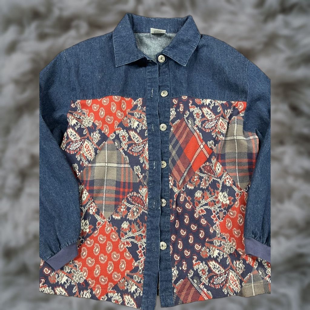 Denime Aileen Denim Paisley Patchwork Button Down Jacket Womens L Multicolor Size L / US 10 / IT 46 - 1 Thumbnail