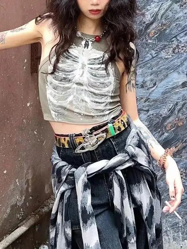 VIBE Punk Aesthetic Cyber Skeleton Print Rib Sleeveless Vest Size ONE SIZE - 3 Thumbnail