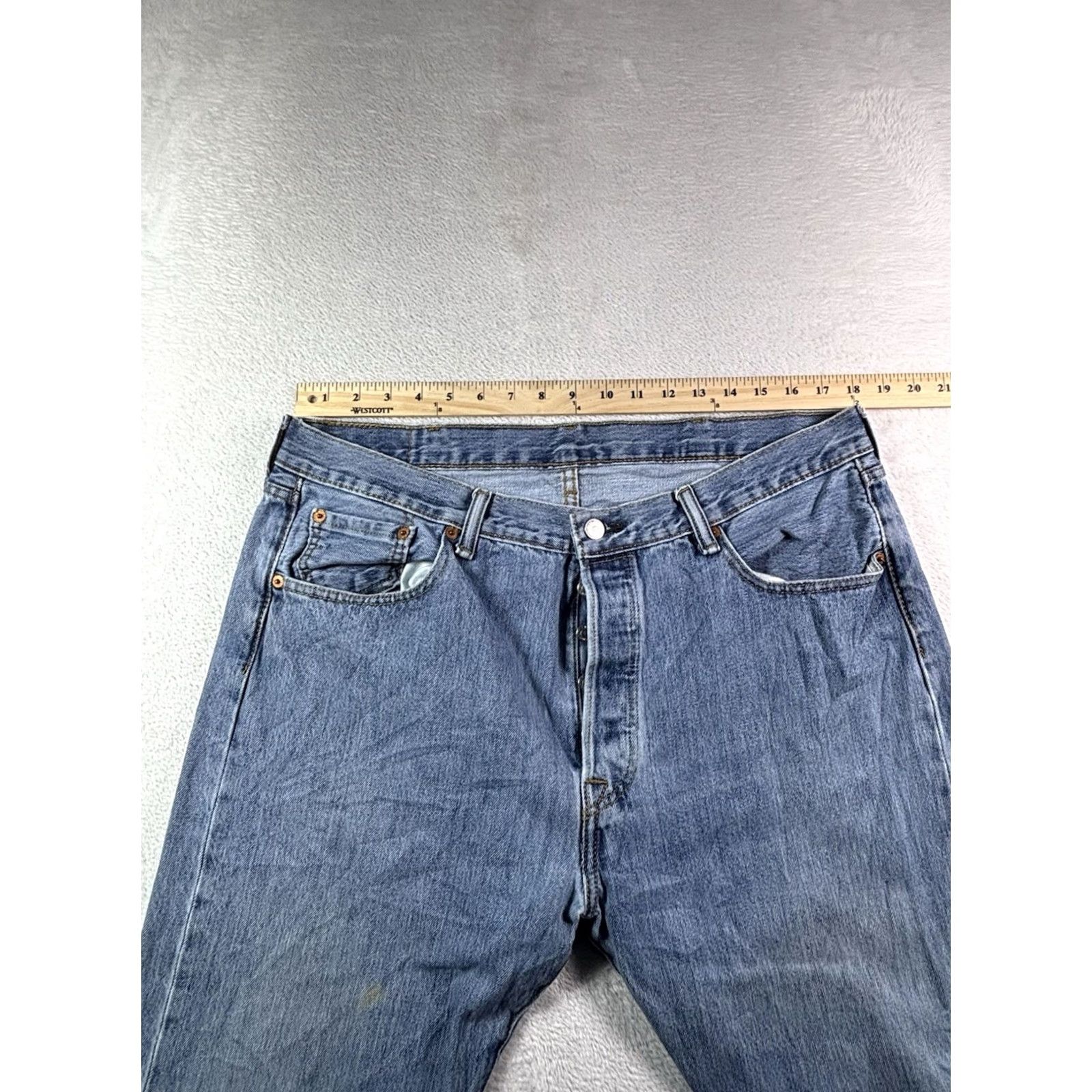 Levi's Levi's 501 Jeans Men's 38x32 Blue Medium Wash Distressed Denim Button Fly Regular Fit 5-Pocket Vintage: No 90s Theme) Mens Size US 38 / EU 54 - 7 Thumbnail