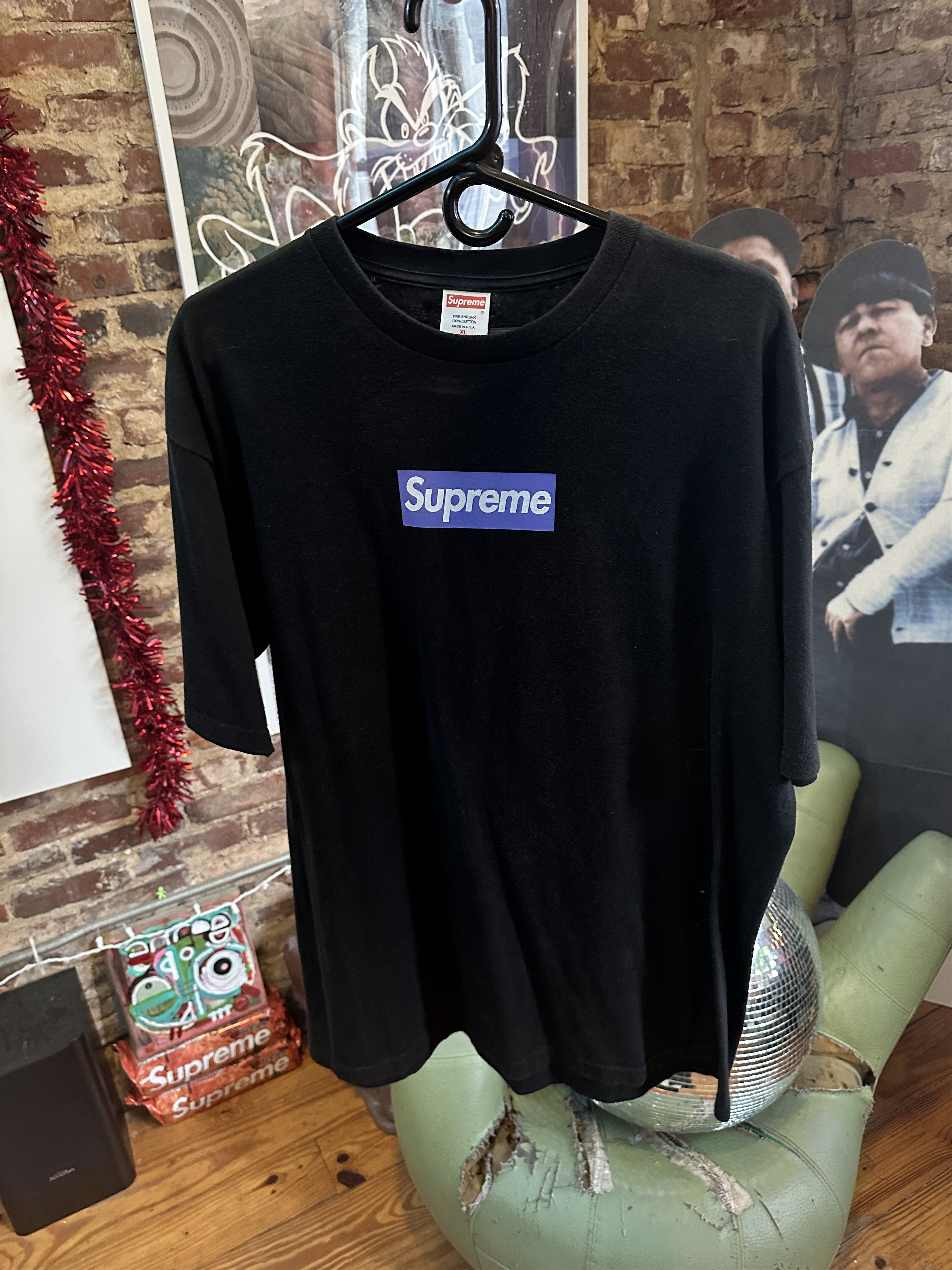 Purple on black box logo tee hotsell