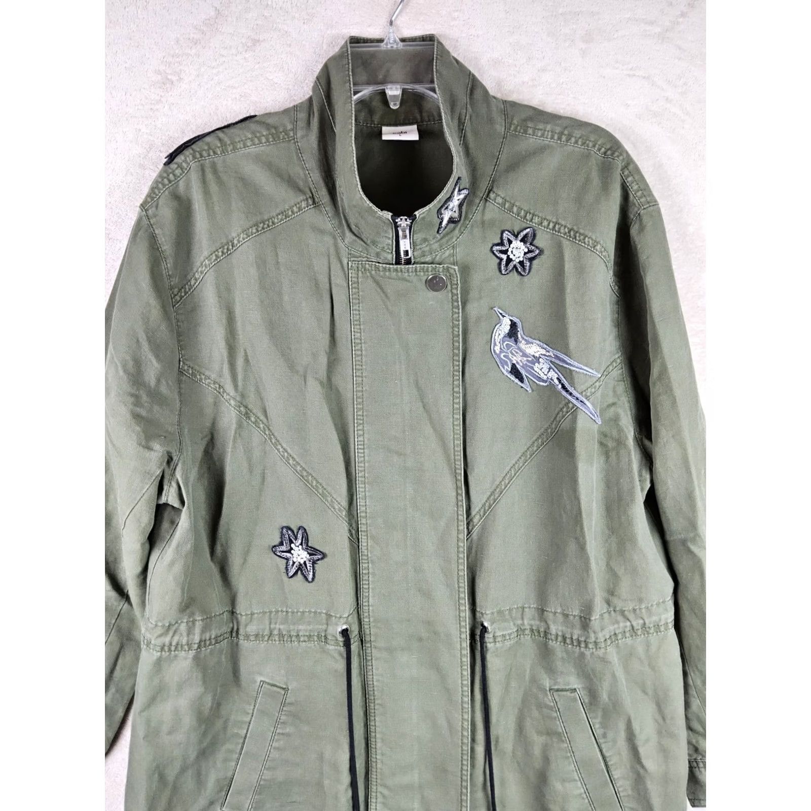 Vintage Cabi Jacket Bird Military Linen Blend Sequin Star Appliqué Zip Green Sz L Women Regular Mid-Length Jacket (Travel, Workwear) Size L / US 10 / IT 46 - 3 Thumbnail