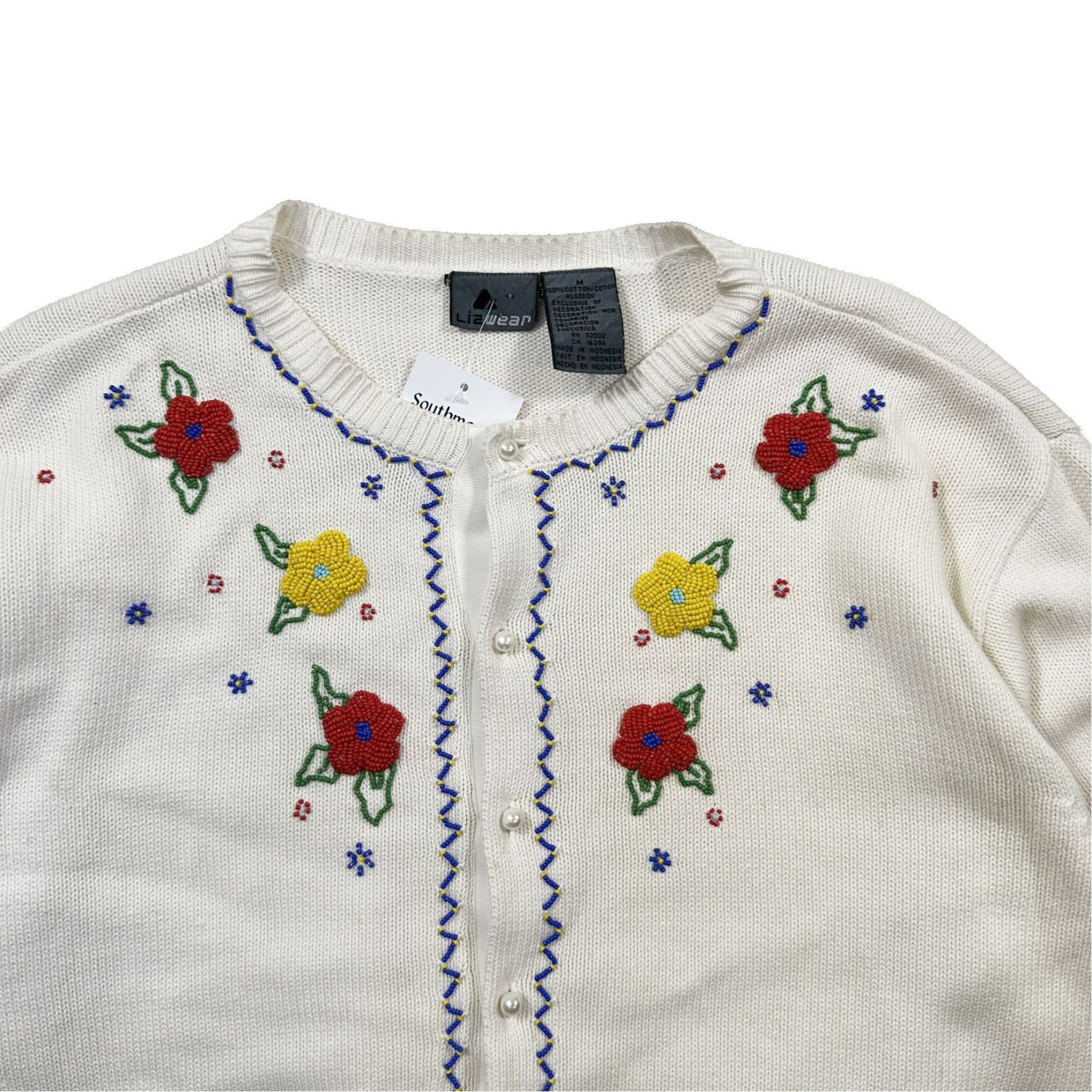 Vintage Vintage 90s Liz Wear Beaded Floral Button Up Knit Sweater Size S / US 4 / IT 40 - 2 Thumbnail