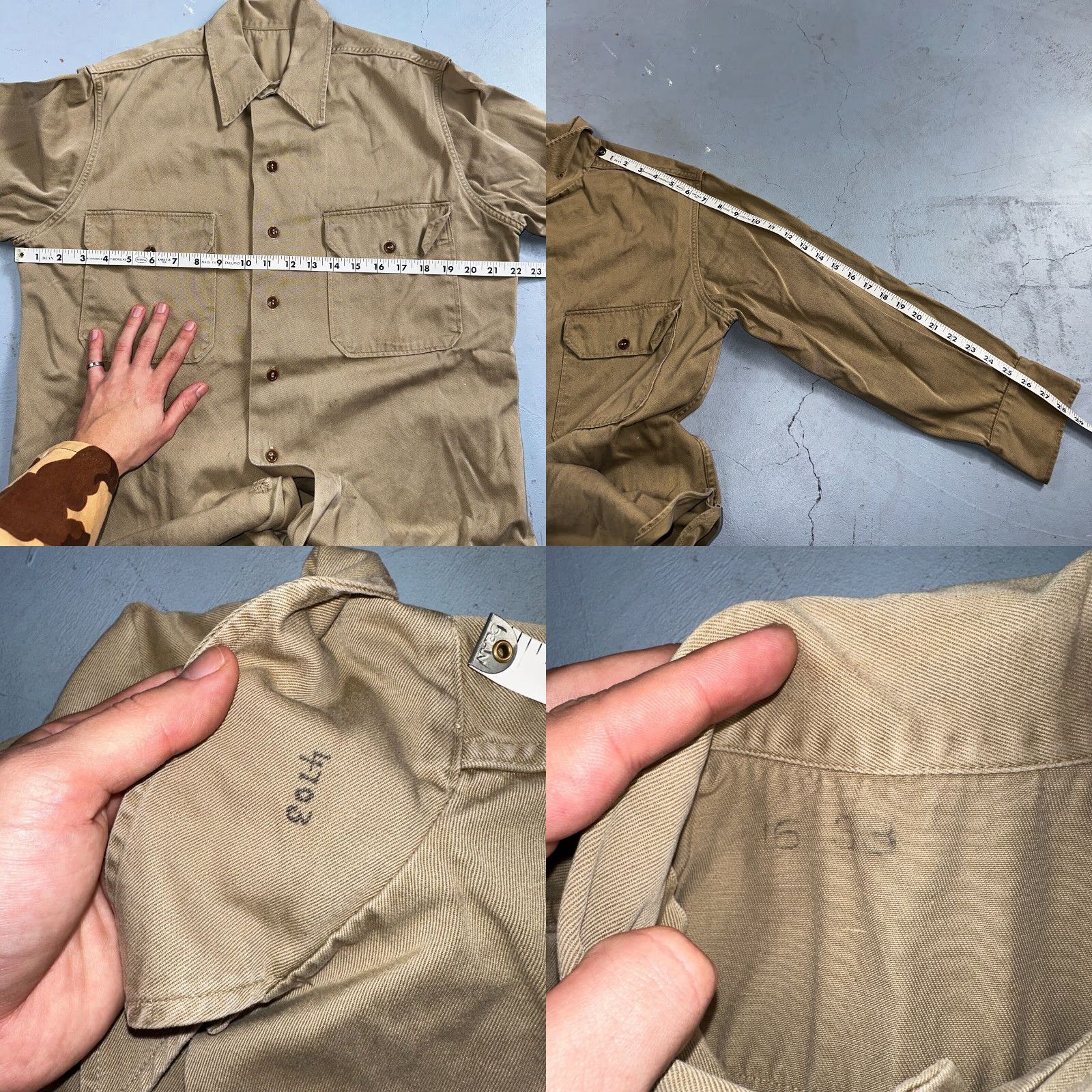 Vintage Vintage 40s WWII Gusset Khaki Work Army Military Button Shirt Stencil USN Shirt Mens Size US L / EU 52-54 / 3 - 8 Thumbnail