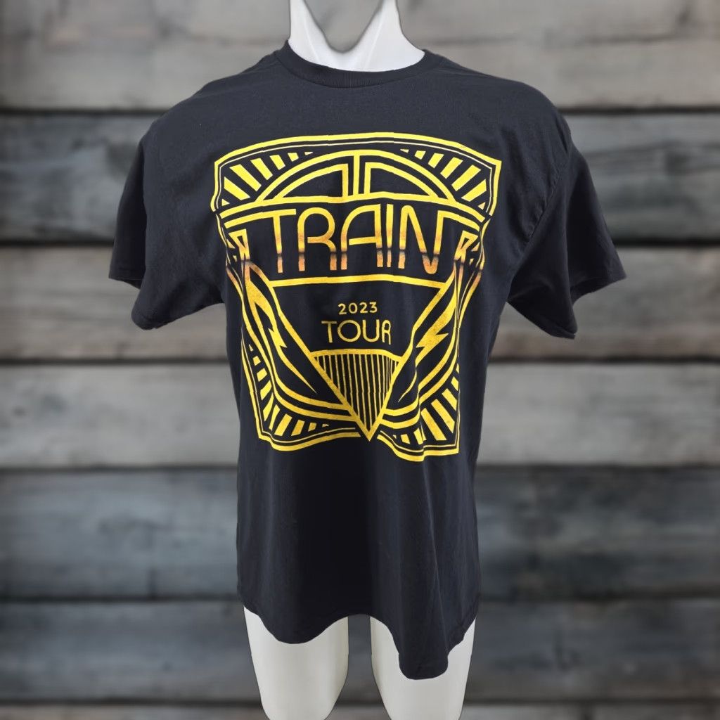 Gildan VINTAGE Train 2023 Tour Gildan Short Sleeve Shirt Black Yellow Mens L Hole Shirt Band 90s Womens? Size US L / EU 52-54 / 3 - 1 Thumbnail