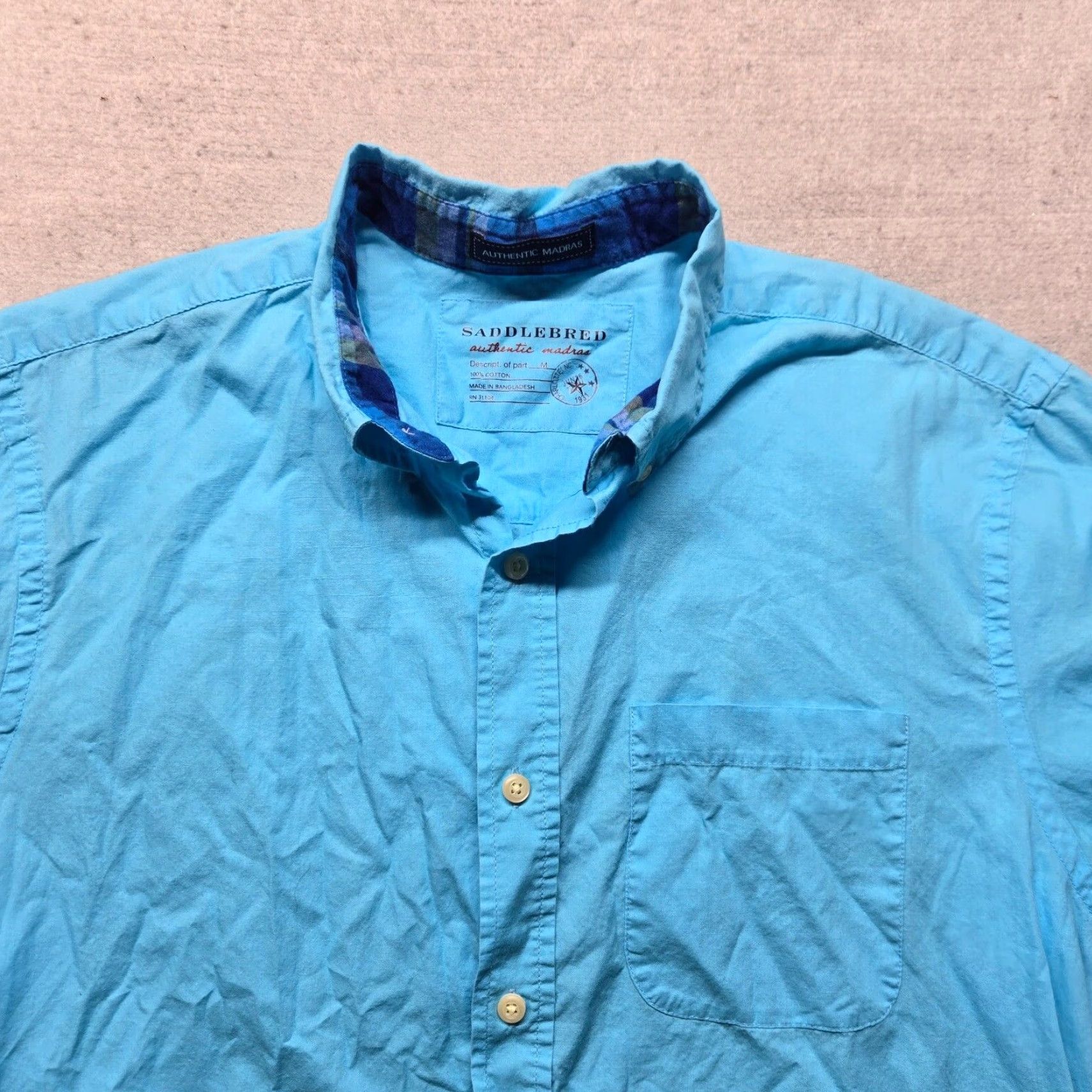 Vintage Saddlebred Shirt Button-Up Solid Blue 100% Cotton Adult Men’s Size M Medium Short Sleeve Collared Button Front Easy Care Size US M / EU 48-50 / 2 - 2 Thumbnail