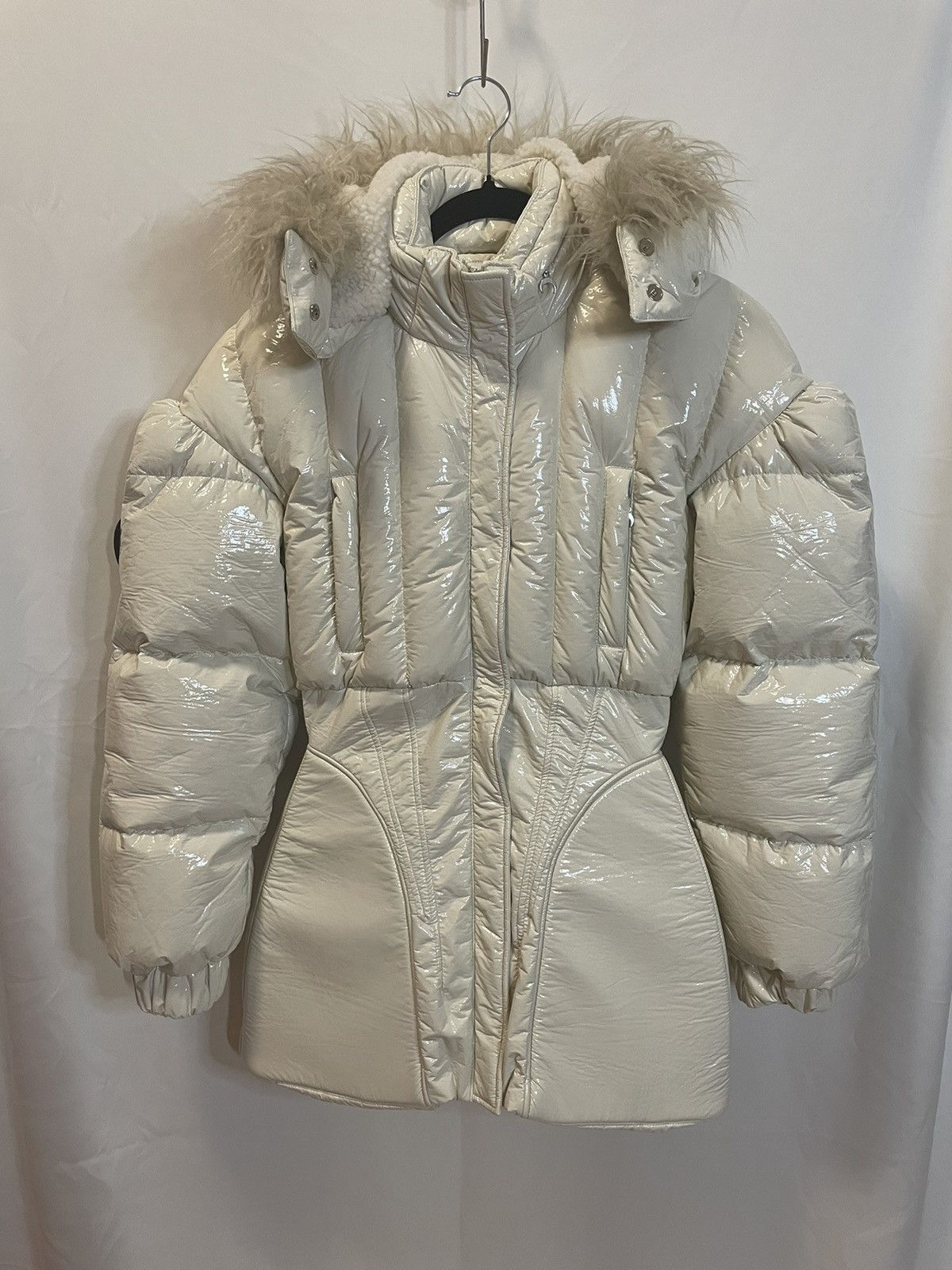 image of Marine Serre Fw19 Radiation Padded Beige Faux Fur Trim Puffer Coat in Cream, Women's (Size Medium)
