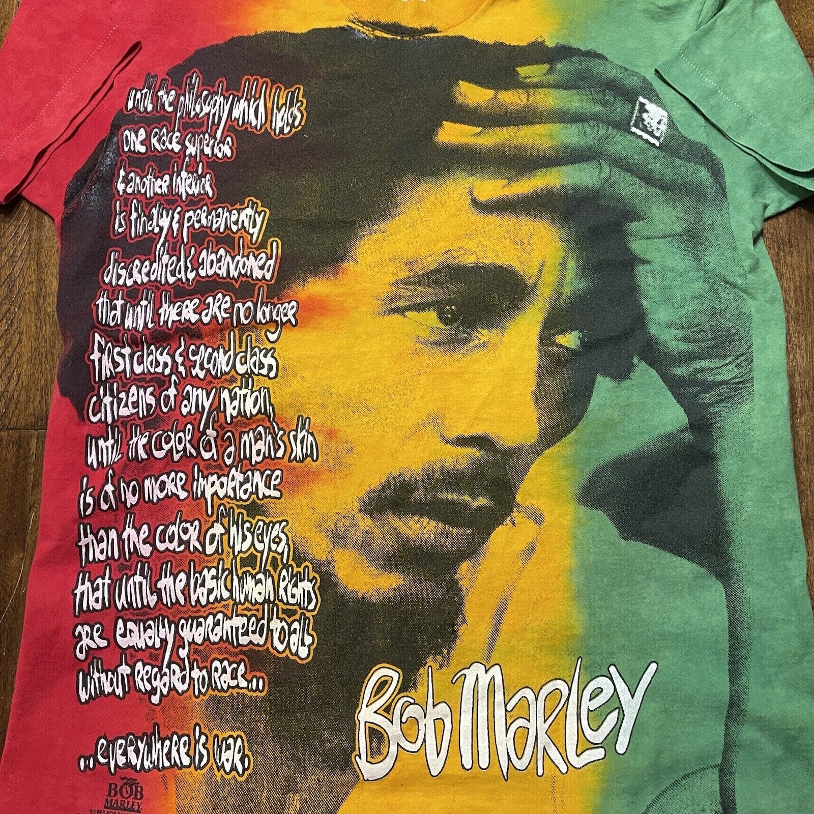Fruit Of The Loom Vtg Rare Bob Marley T-Shirt XL AOP 90s War Quote Tie Dyed Size US XL / EU 56 / 4 - 3 Thumbnail