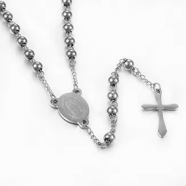 Jewelry SILVER CROSS Rosary Necklace - 3 mm Beads + 50 cm Size ONE SIZE - 3 Thumbnail