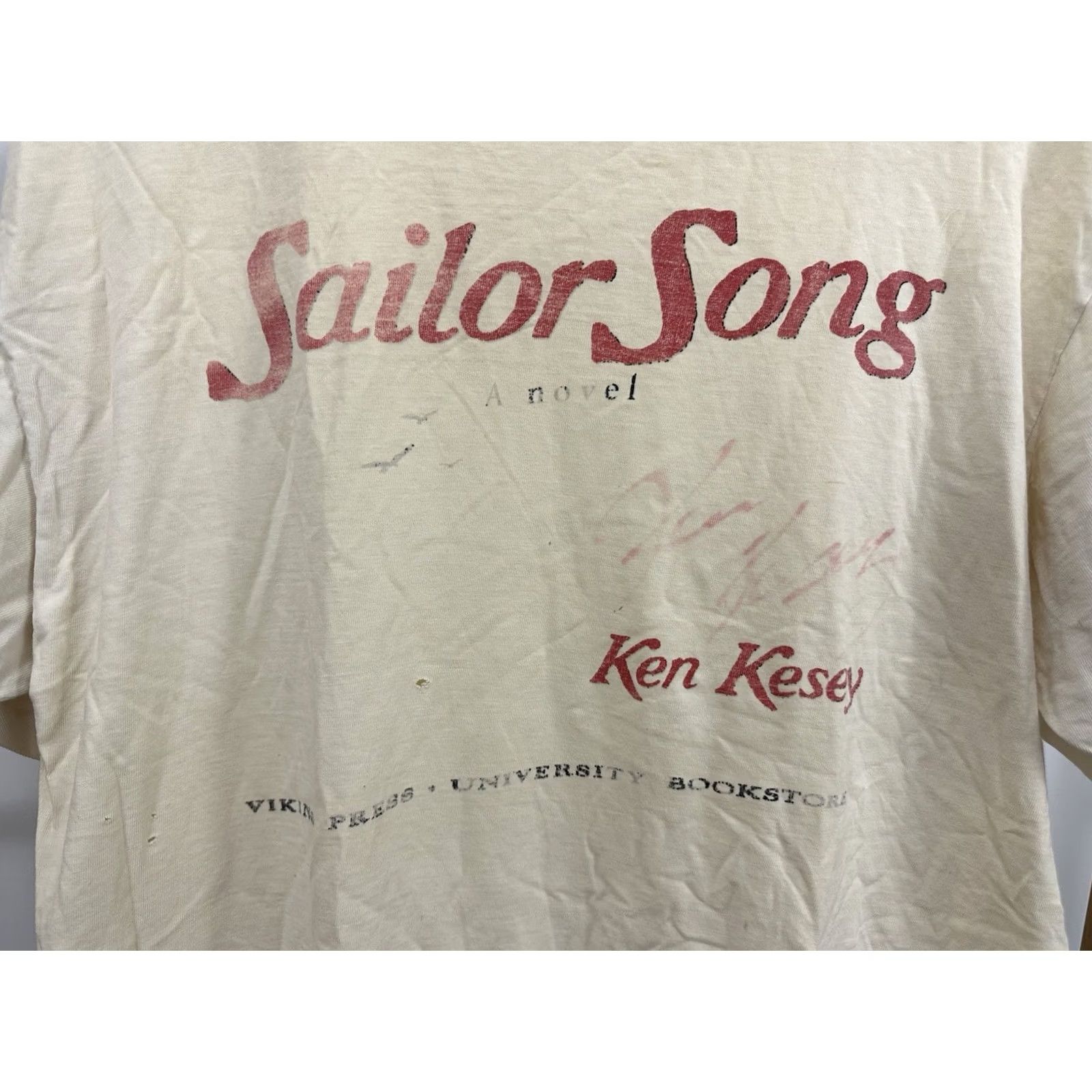 Vintage VTG Sailors Song Ken Kesey Signed T-Shirt Distressed Cream L Mens XP? Size US XL / EU 56 / 4 - 6 Thumbnail