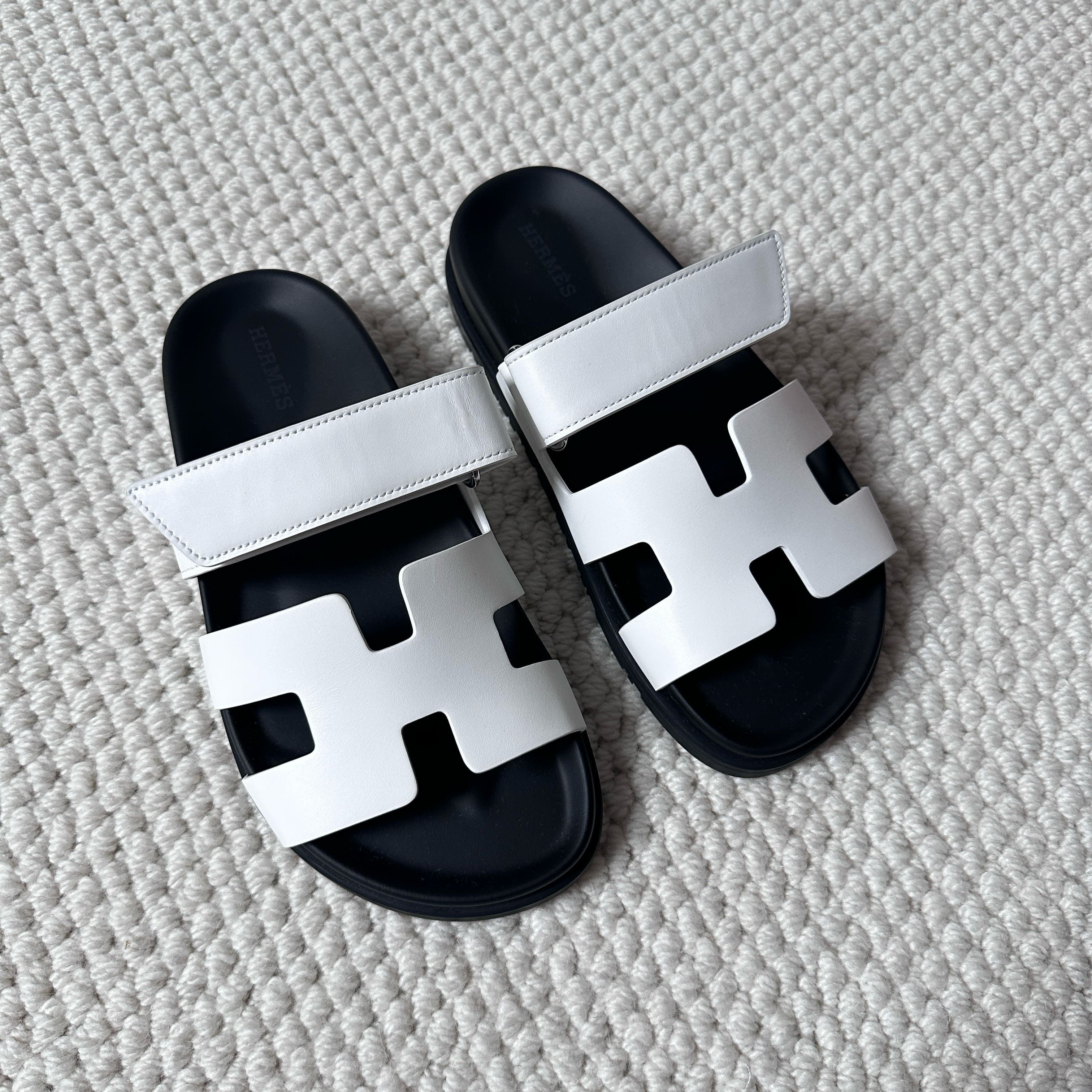 Hermes Hermes Chypre Sandal White Black Leather Fullbox Size US 5 / IT 35 - 1 Thumbnail