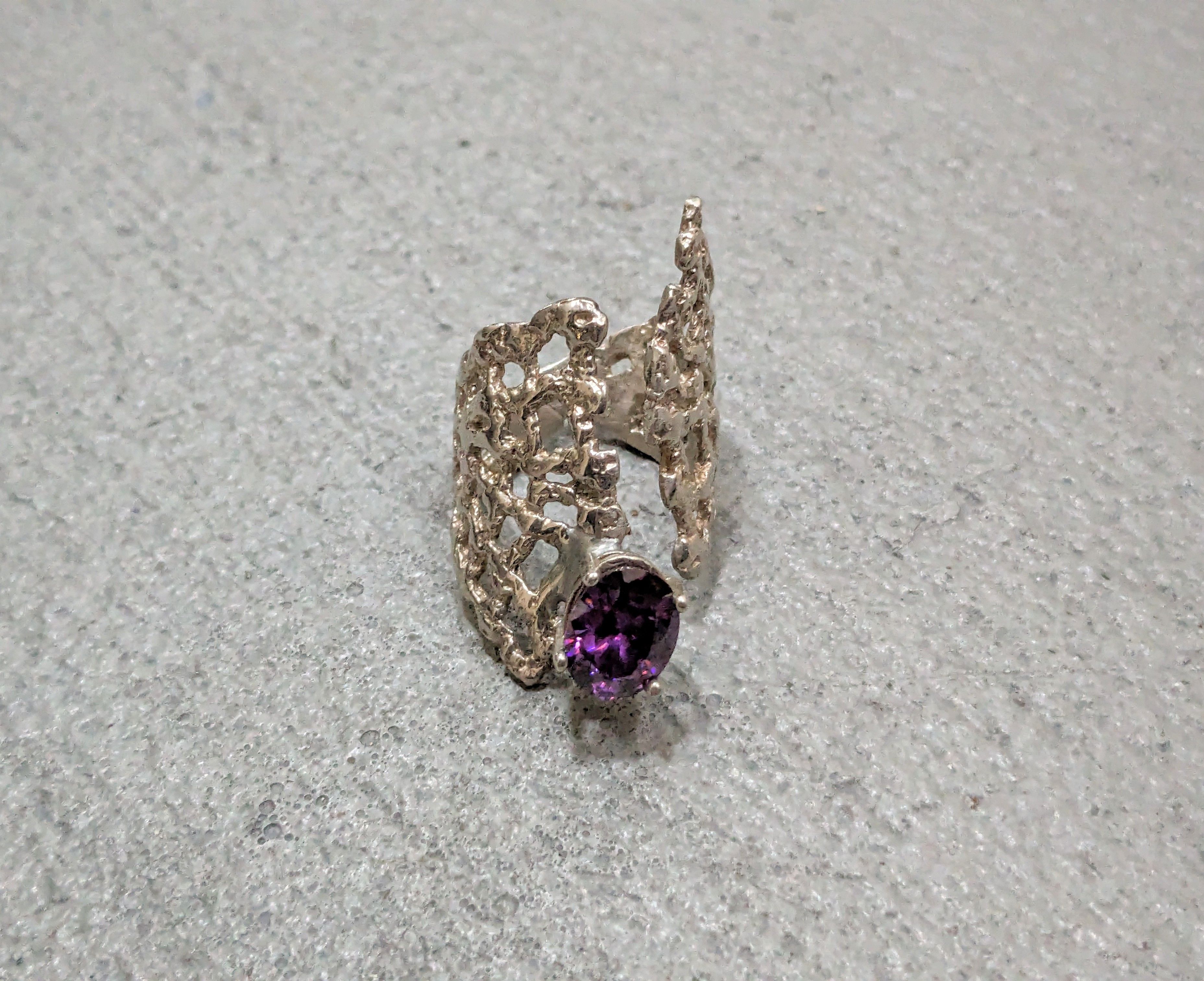 Jewelry Sterling Silver Ring Amethyst Size 8 Adjustable Brutalist Size ONE SIZE - 2 Thumbnail