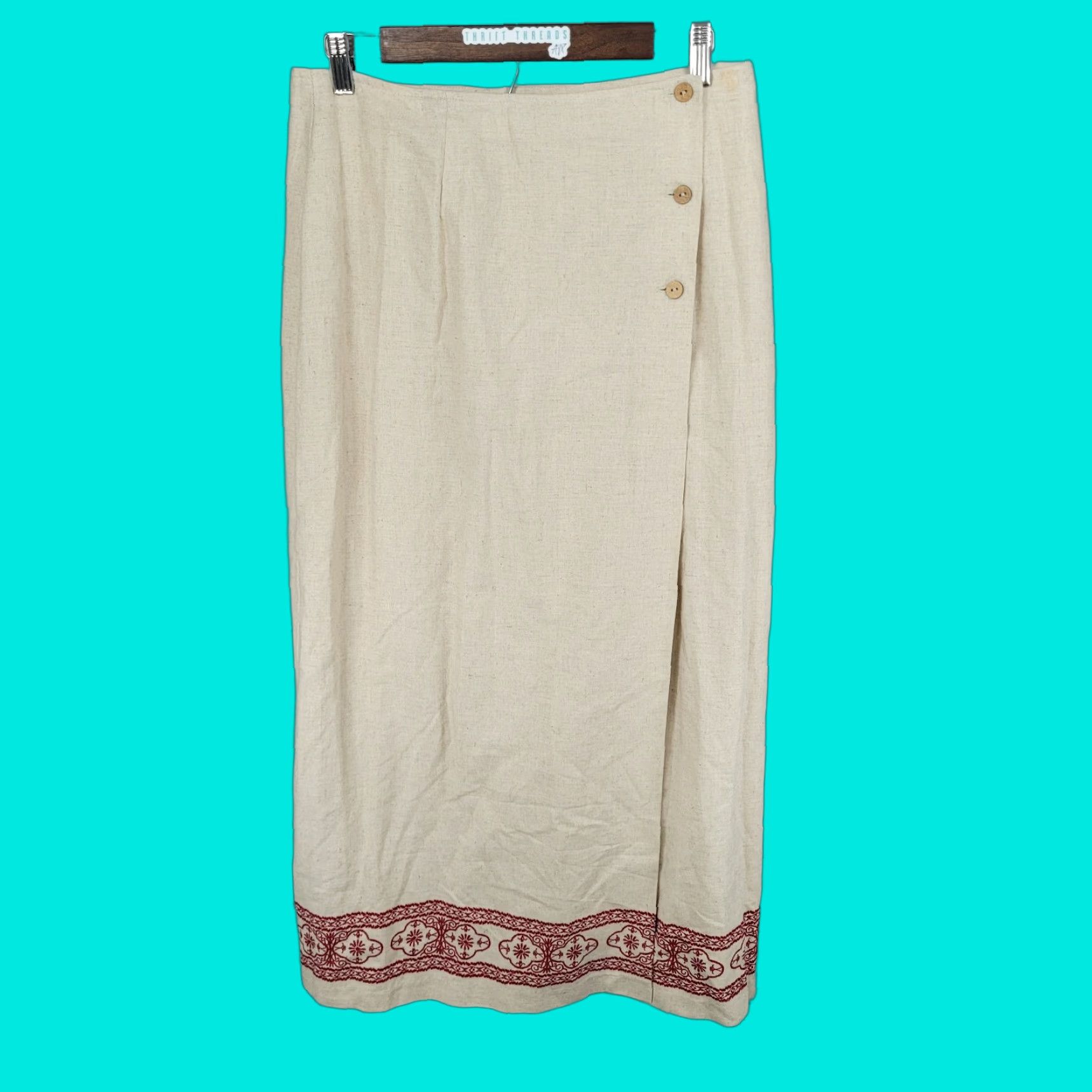 Vintage Susan Gail Beige Linen Blend Buttoned Wrap Skirt 12 Womens Long Red Bohemian Size 34" / US 12 / IT 48 - 1 Thumbnail