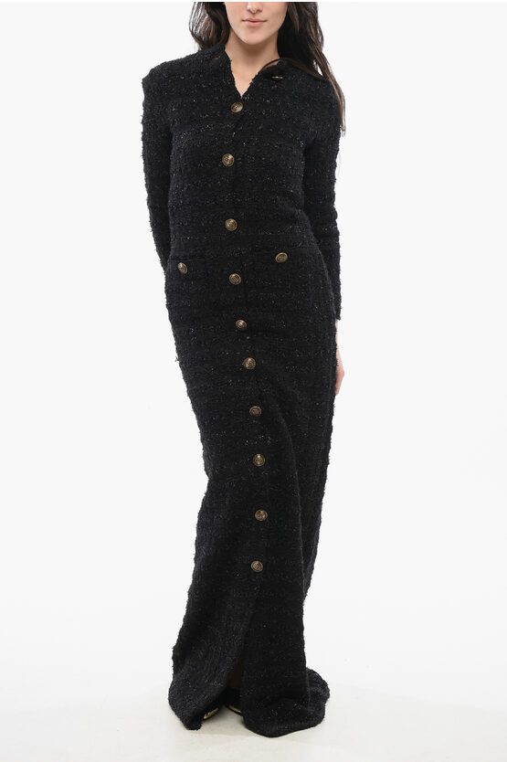 Tweed Maxi Dress with Logoed Buttons