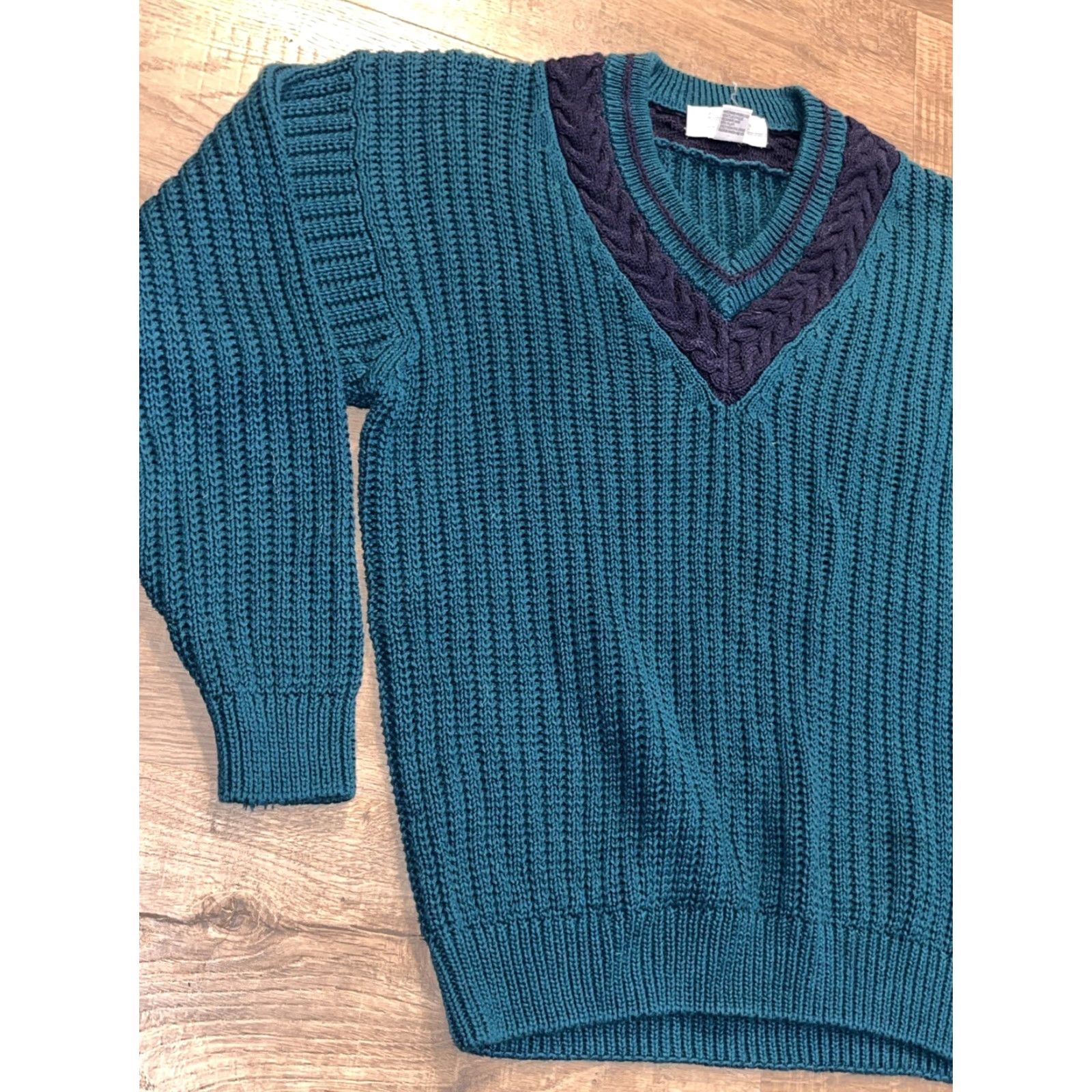 Vintage INSITE Sweater Turquoise Blue Cable Knit Navy Blue Stripe V Neck Preppy Men’s Lg Size US L / EU 52-54 / 3 - 4 Thumbnail
